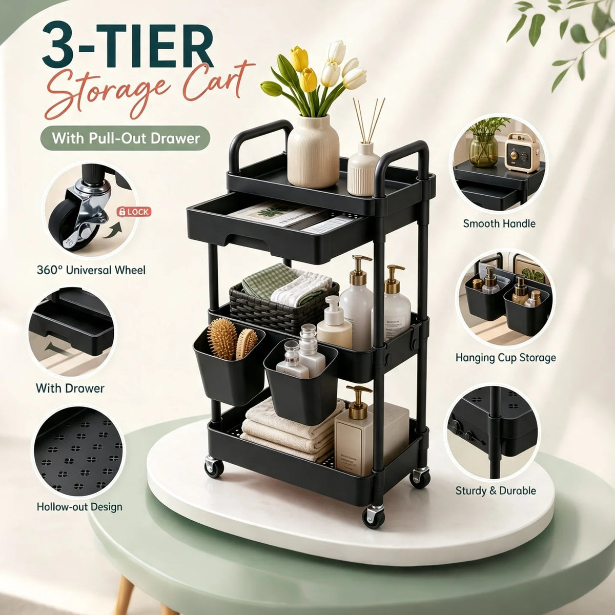 Multifunctional Rolling Storage Cart With Drawer And Lockable Wheels