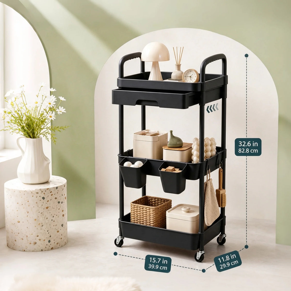 Multifunctional Rolling Storage Cart With Drawer And Lockable Wheels