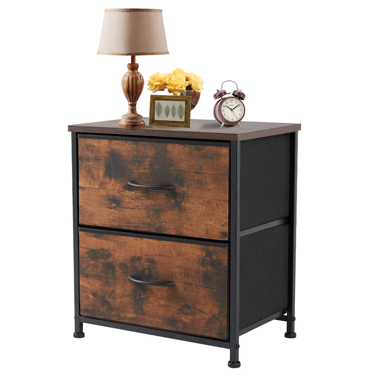 JHK Modern Metal Nightstand With Two Fabric Storage Drawers