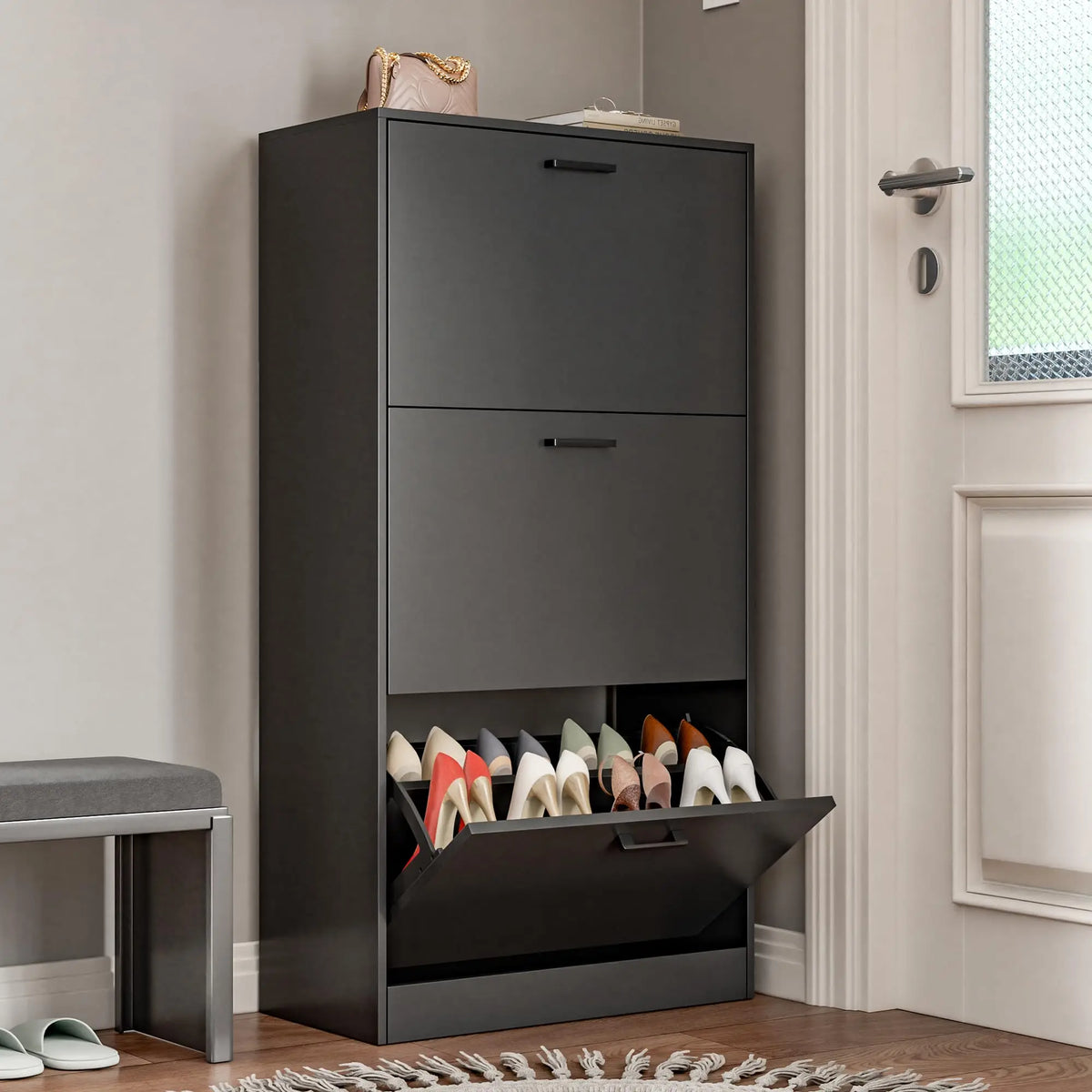 Freestanding Wooden Shoe Storage Cabinet With Flip Drawers