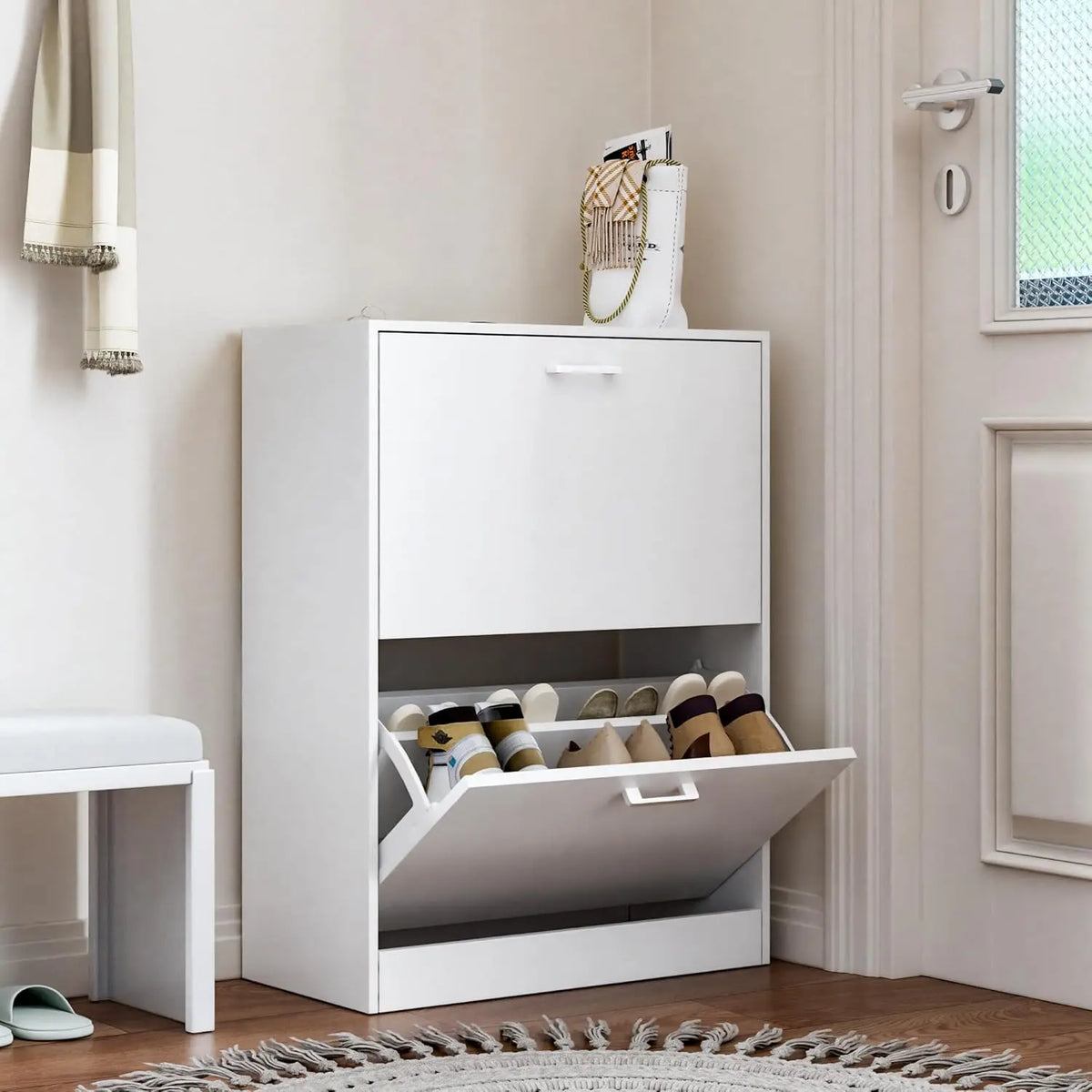 Freestanding Wooden Shoe Storage Cabinet With Flip Drawers