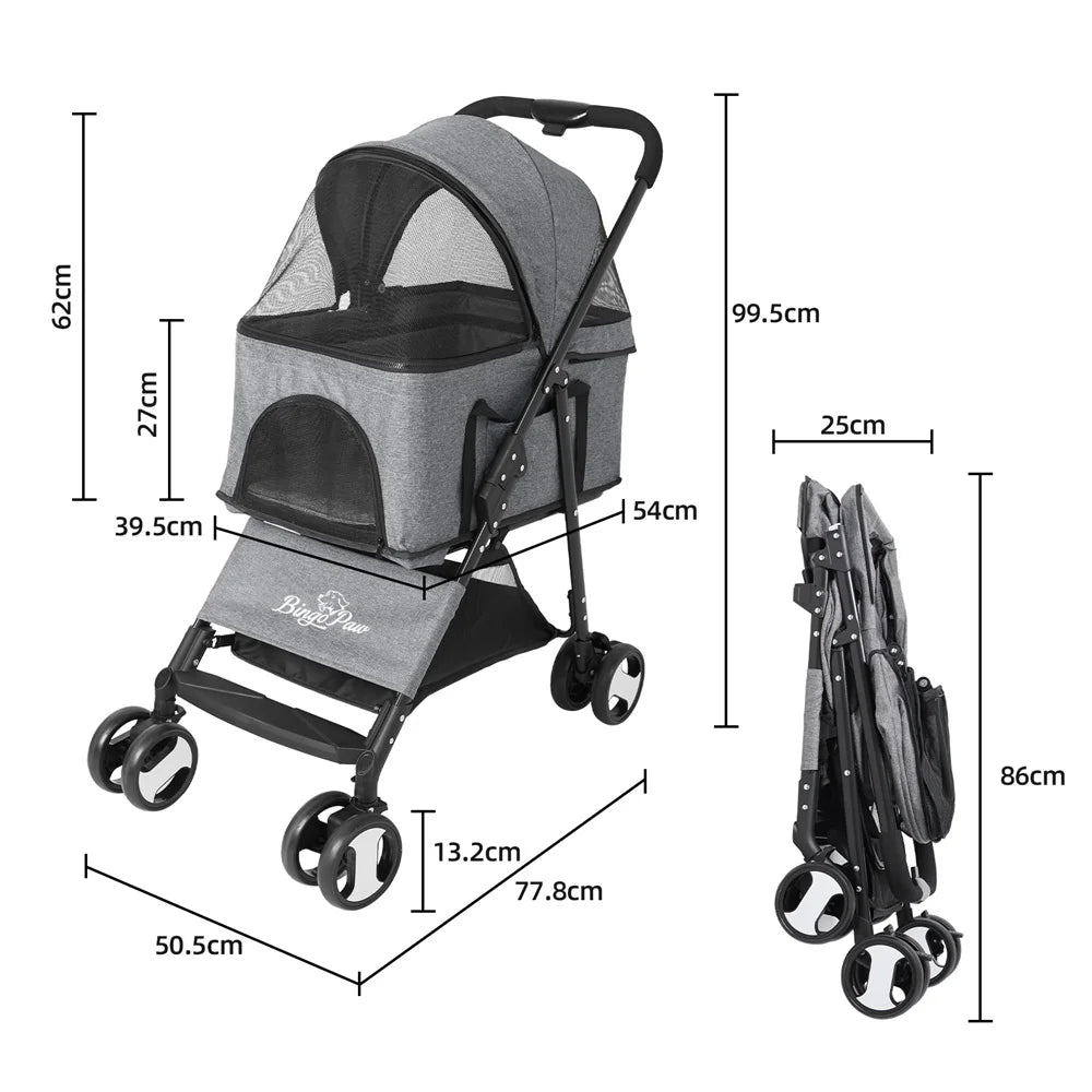 Foldable Pet Dog Stroller With 4 Wheels And Rain Cover