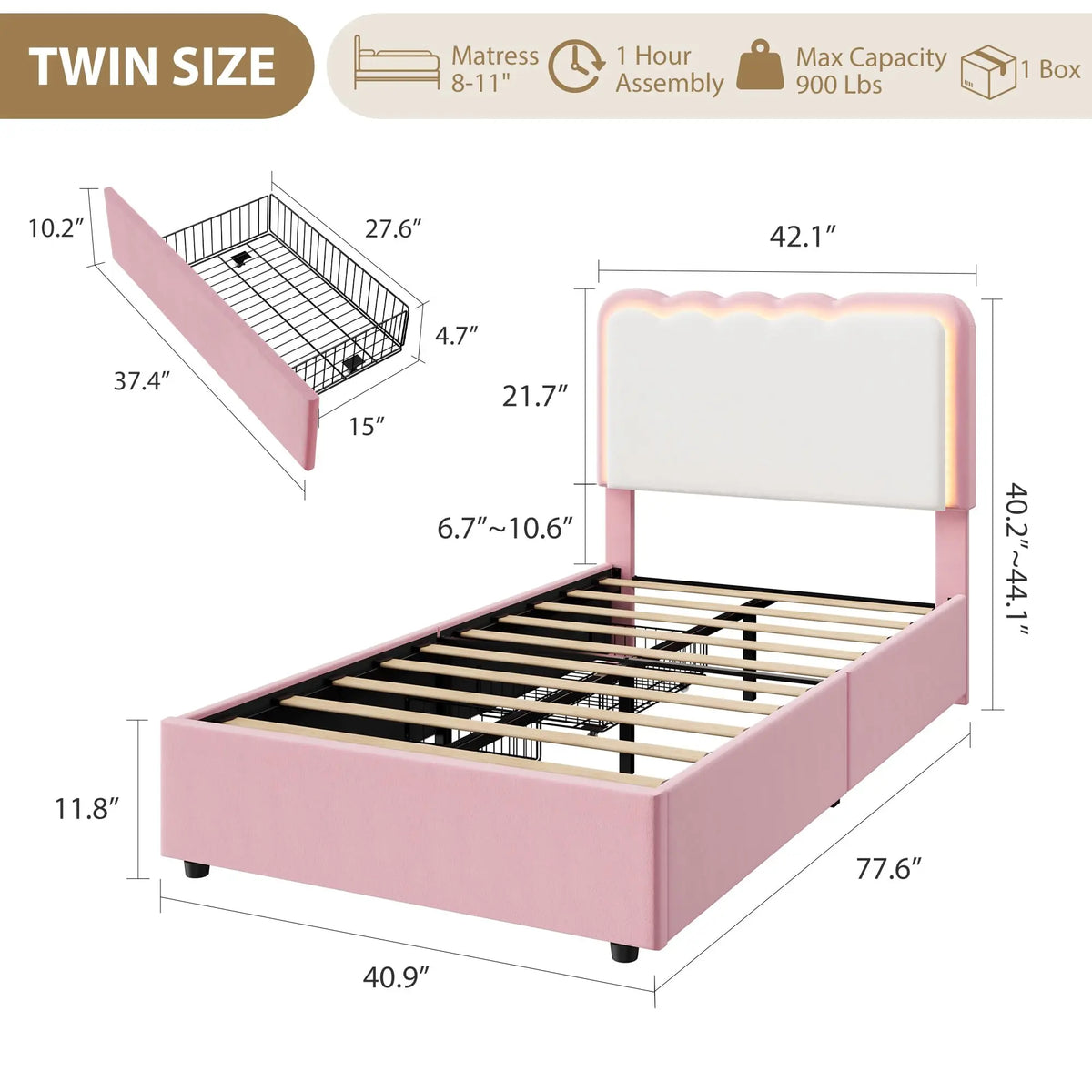 HiMISS Upholstered LED Bed Frame With Drawers And Velvet Headboard