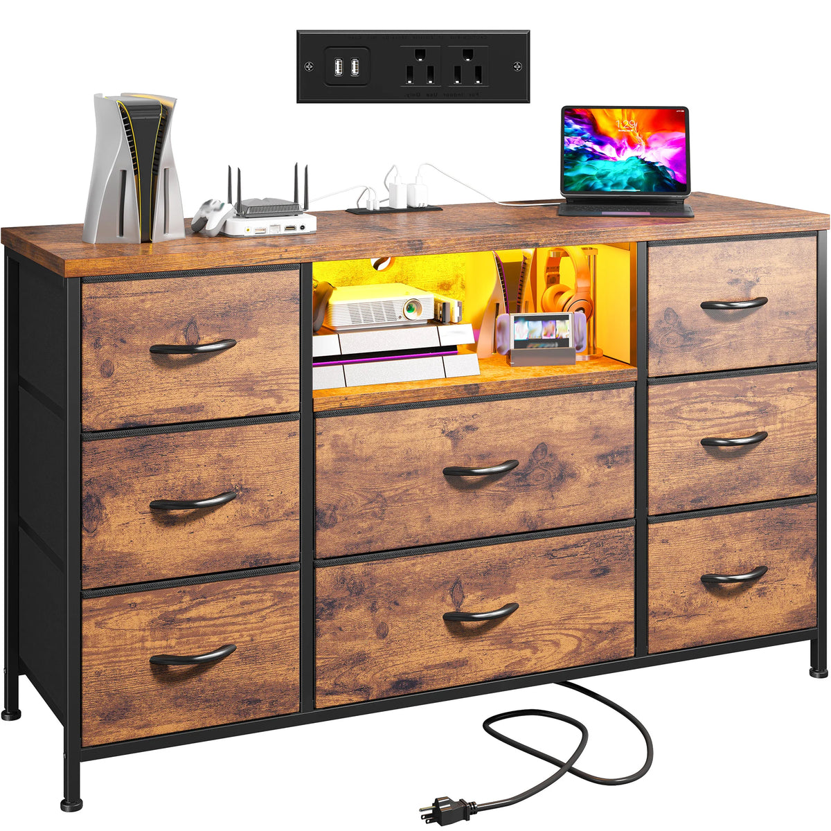 8 Drawer Media Dresser With LED Lighting And Charging Station