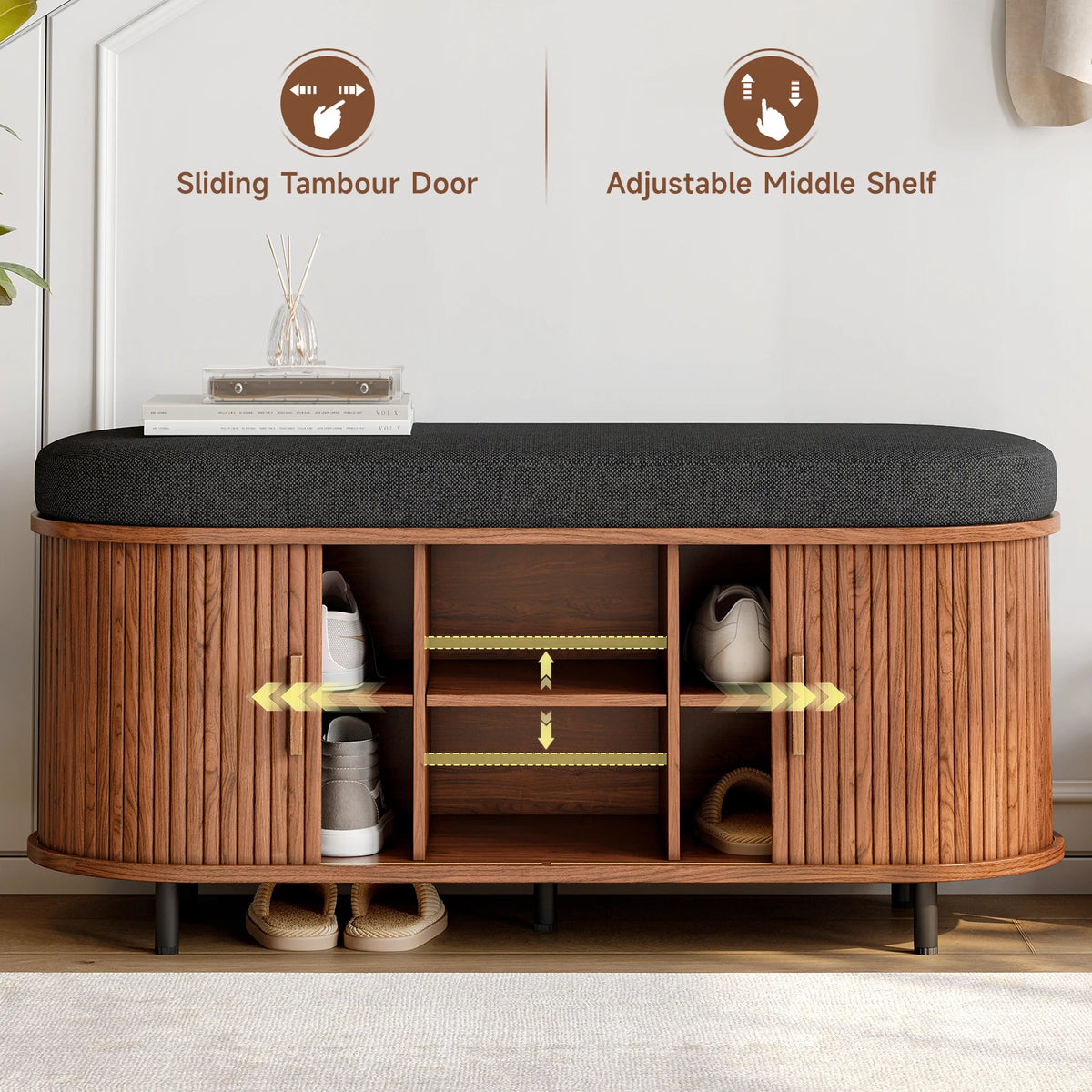 Wooden Three Tier Shoe Storage Bench With Cushioned Seat