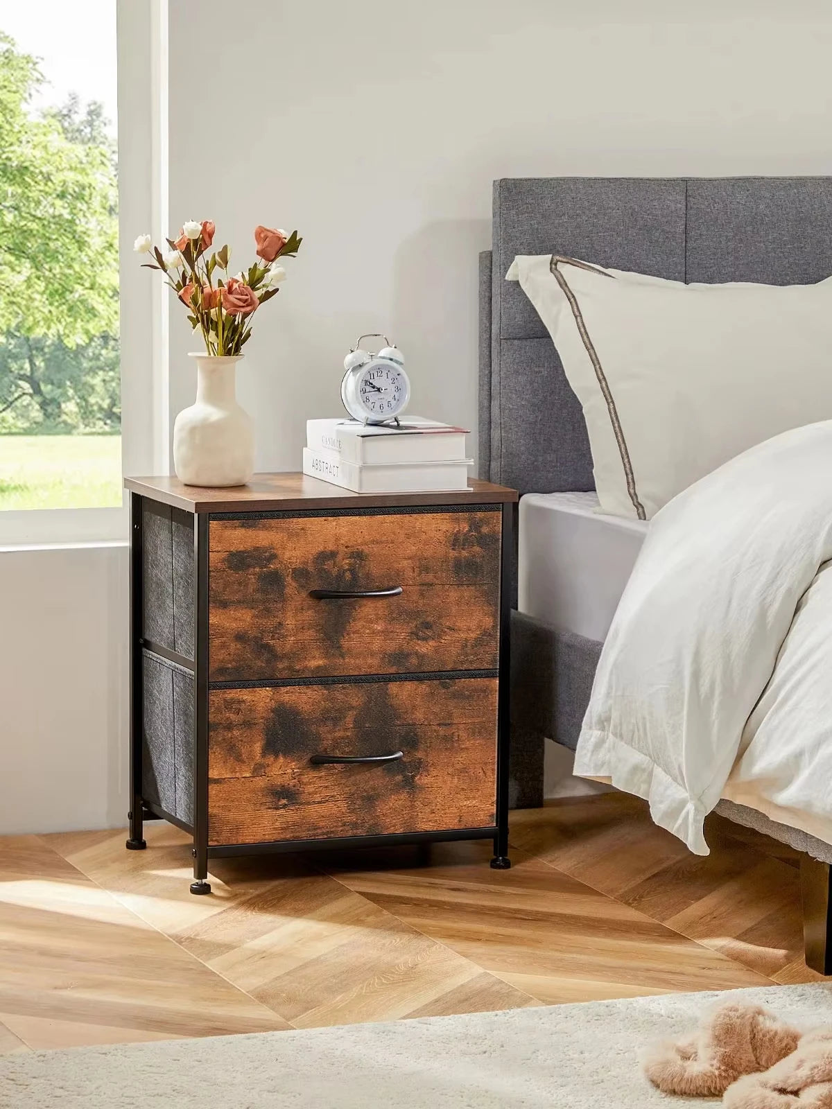 JHK Modern Metal Nightstand With Two Fabric Storage Drawers