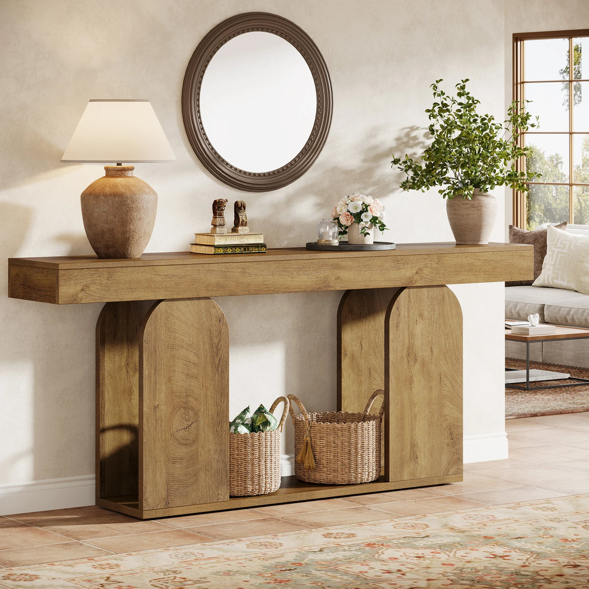 Tribesigns Farmhouse Wood Console Table With Double Tier U Base