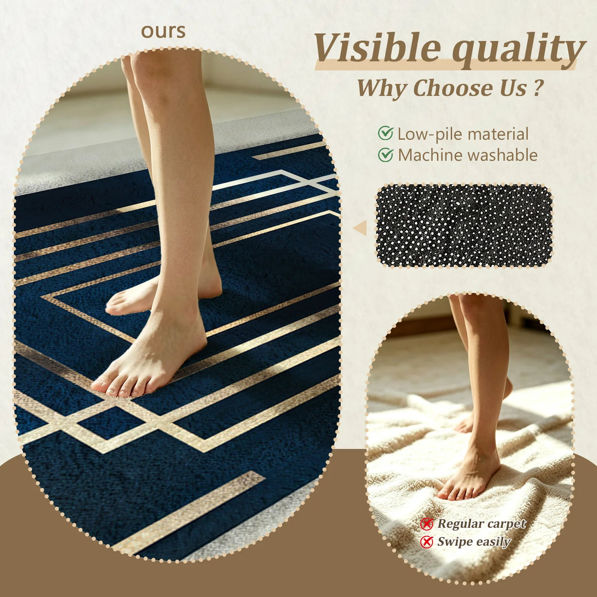Velvet Geometric Area Rug With Non Slip Machine Washable Backing