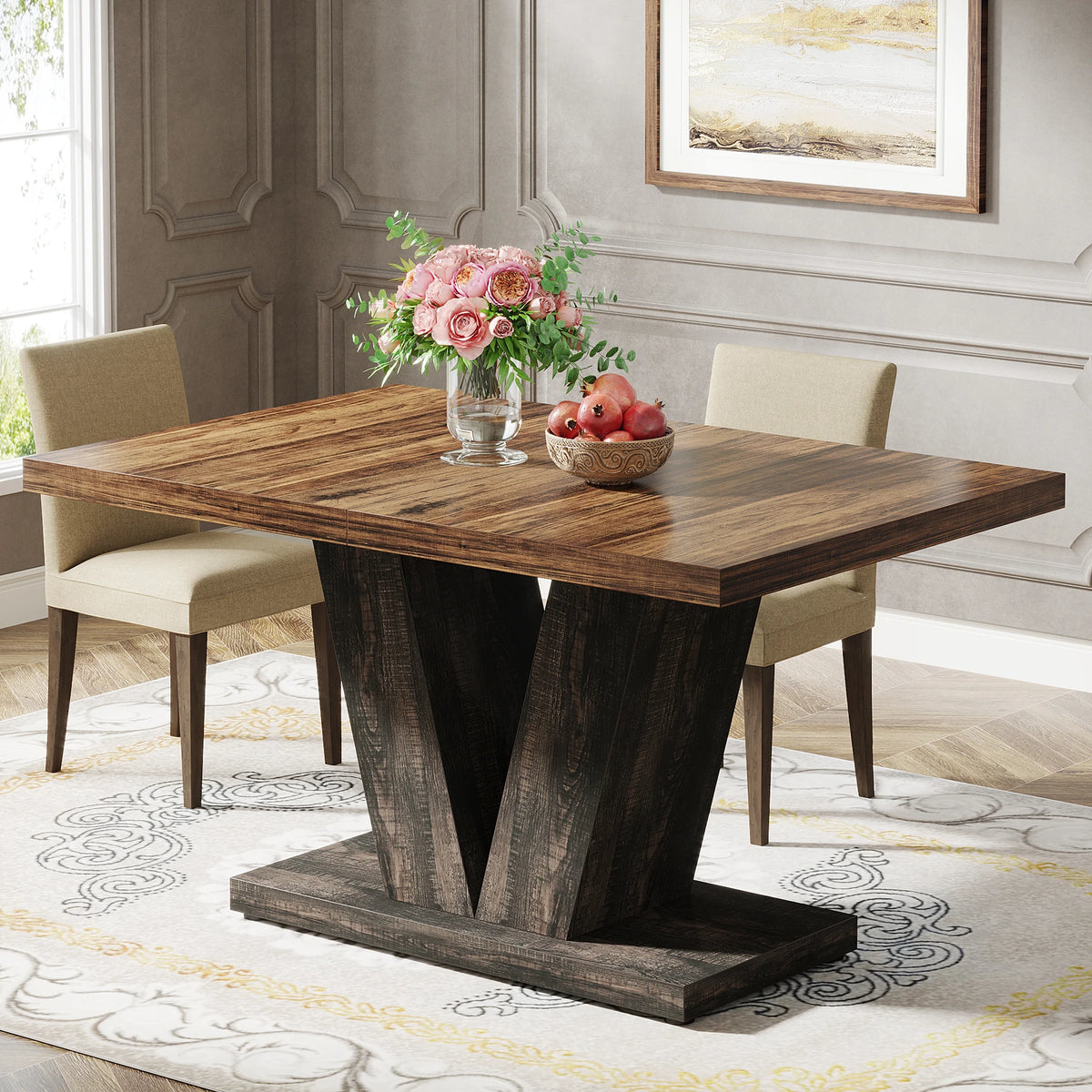 Tribesigns Heavy Duty Pedestal Farmhouse Wooden Dining Table