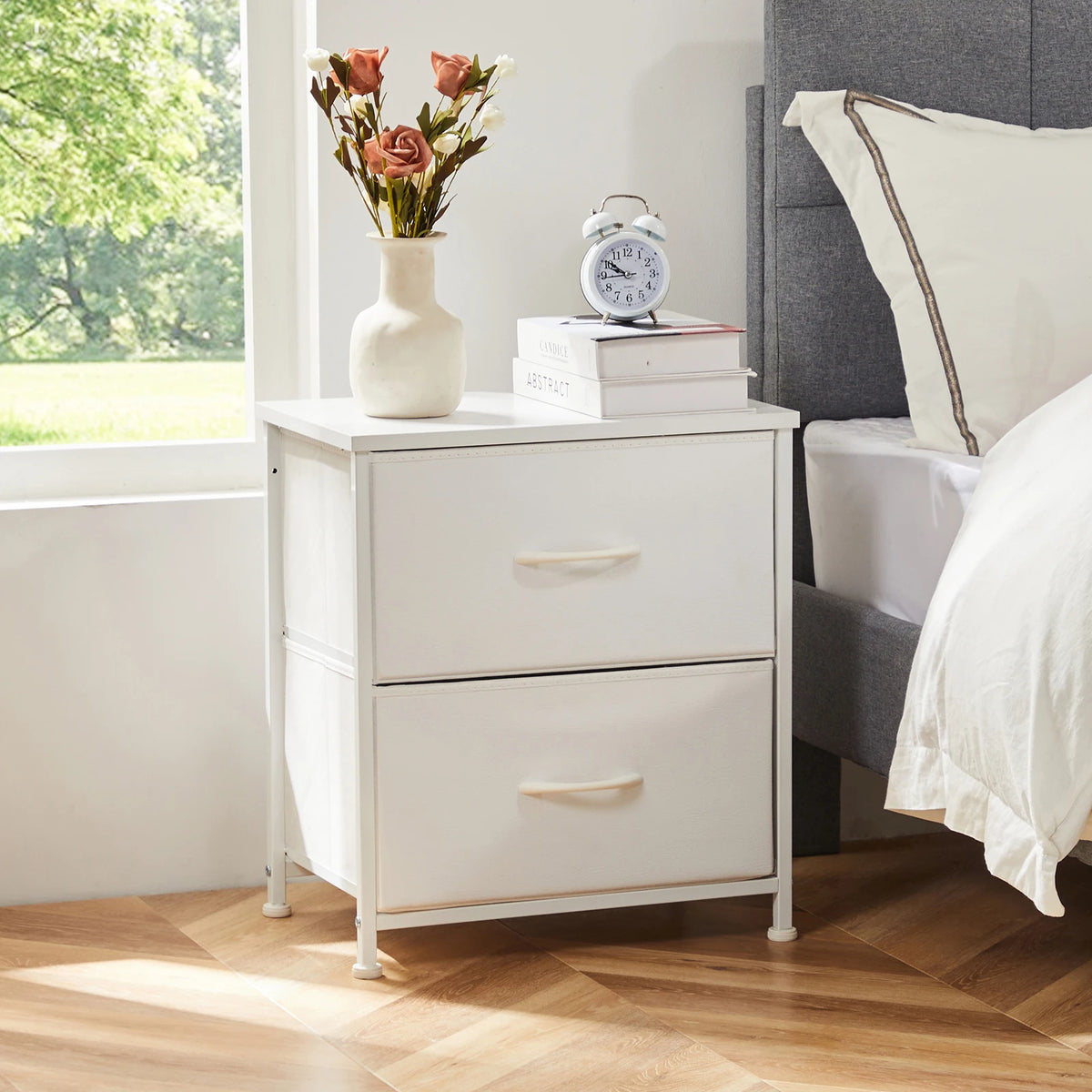 JHK Modern Metal Nightstand With Two Fabric Storage Drawers