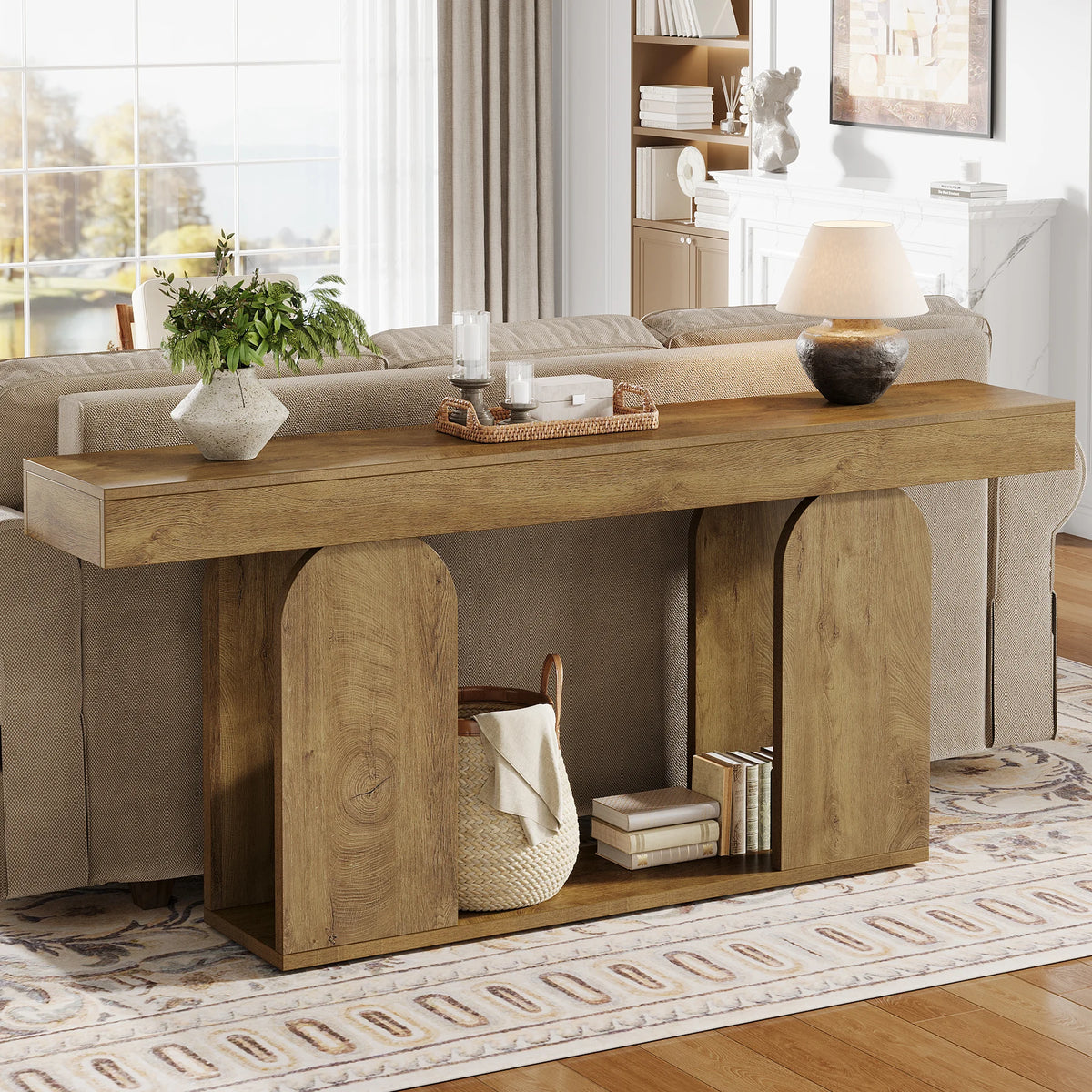 Tribesigns Farmhouse Wood Console Table With Double Tier U Base