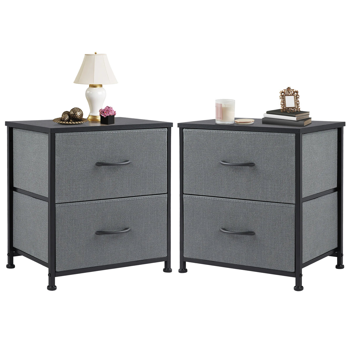 JHK Modern Metal Nightstand With Two Fabric Storage Drawers