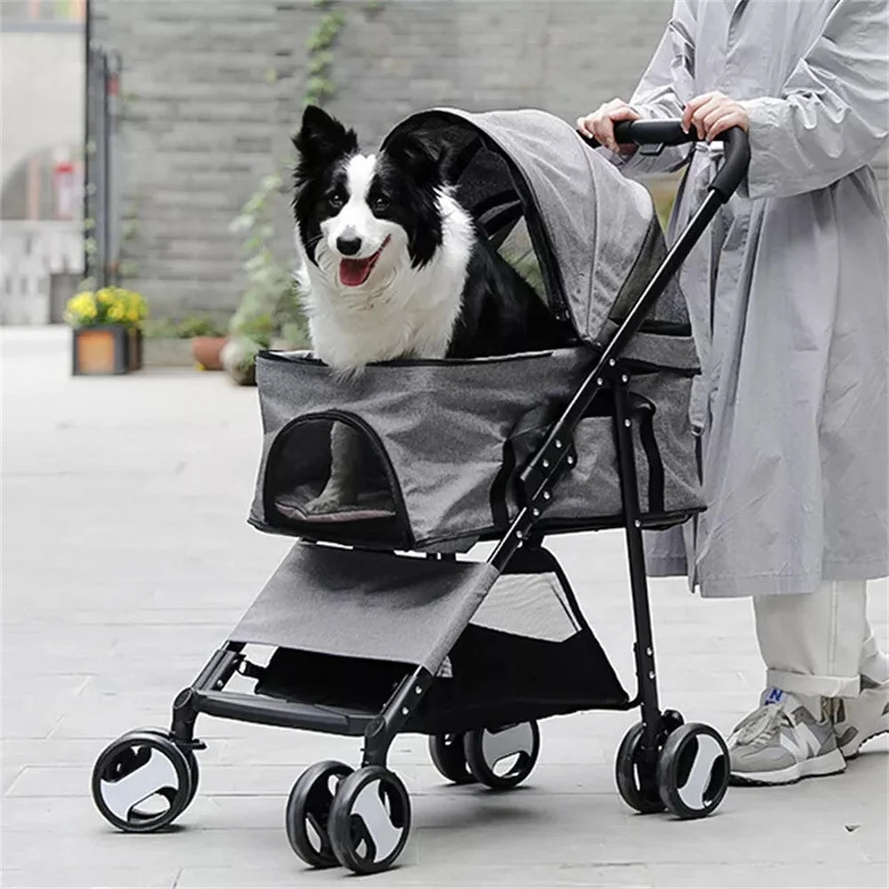 Foldable Pet Dog Stroller With 4 Wheels And Rain Cover