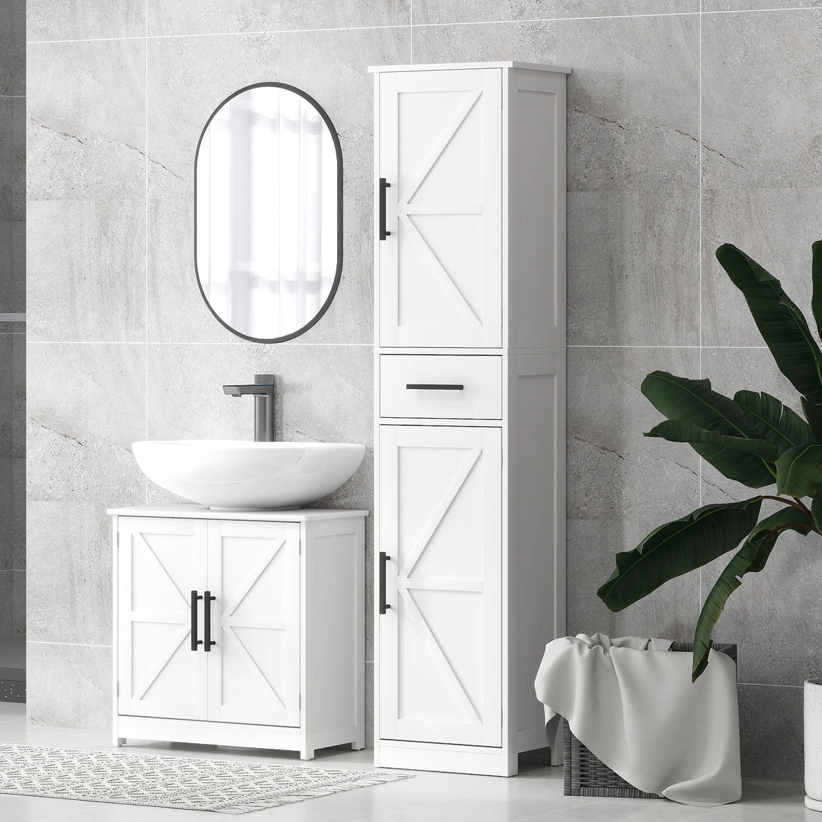 HOMCOM Farmhouse Narrow Bathroom Storage Cabinet With Drawer