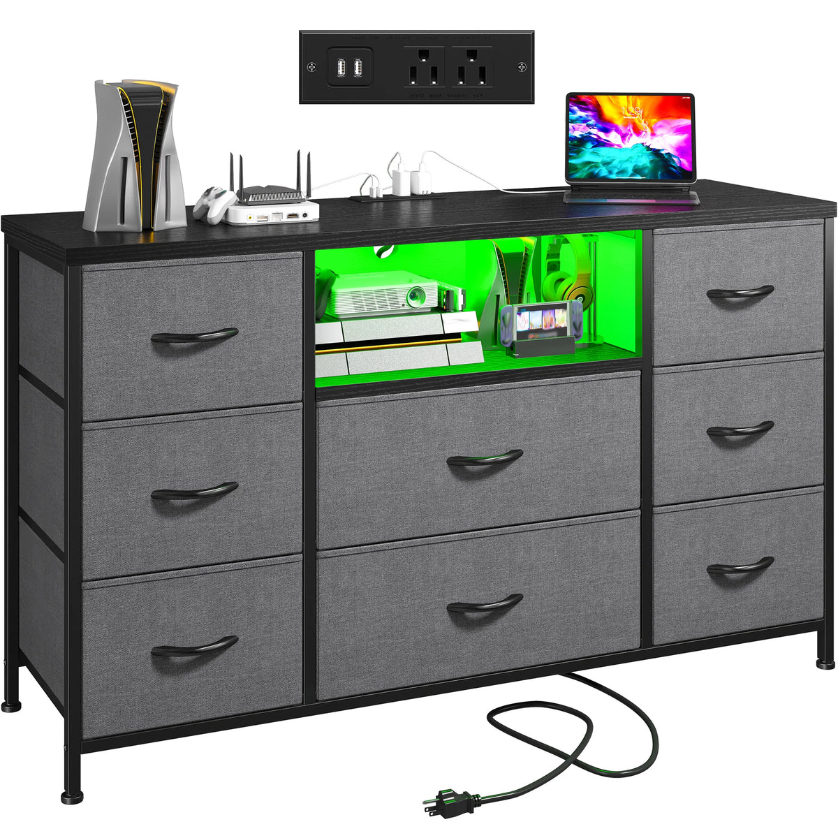 8 Drawer Media Dresser With LED Lighting And Charging Station