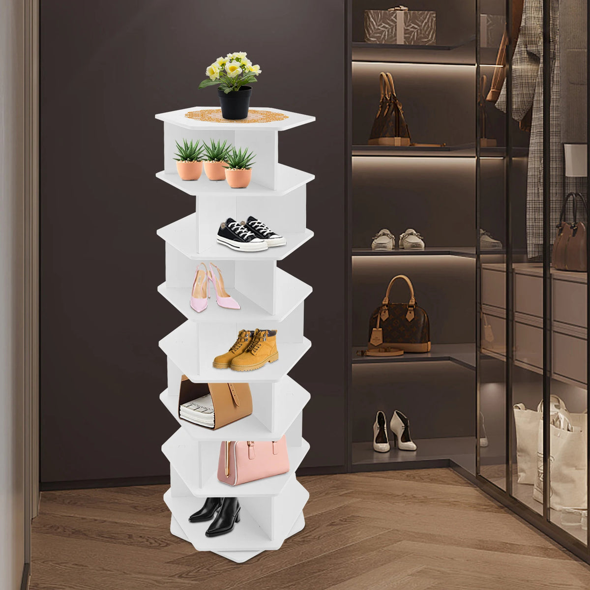 7 Tier Rotating Shoe Rack With Storage Organizer For Closet