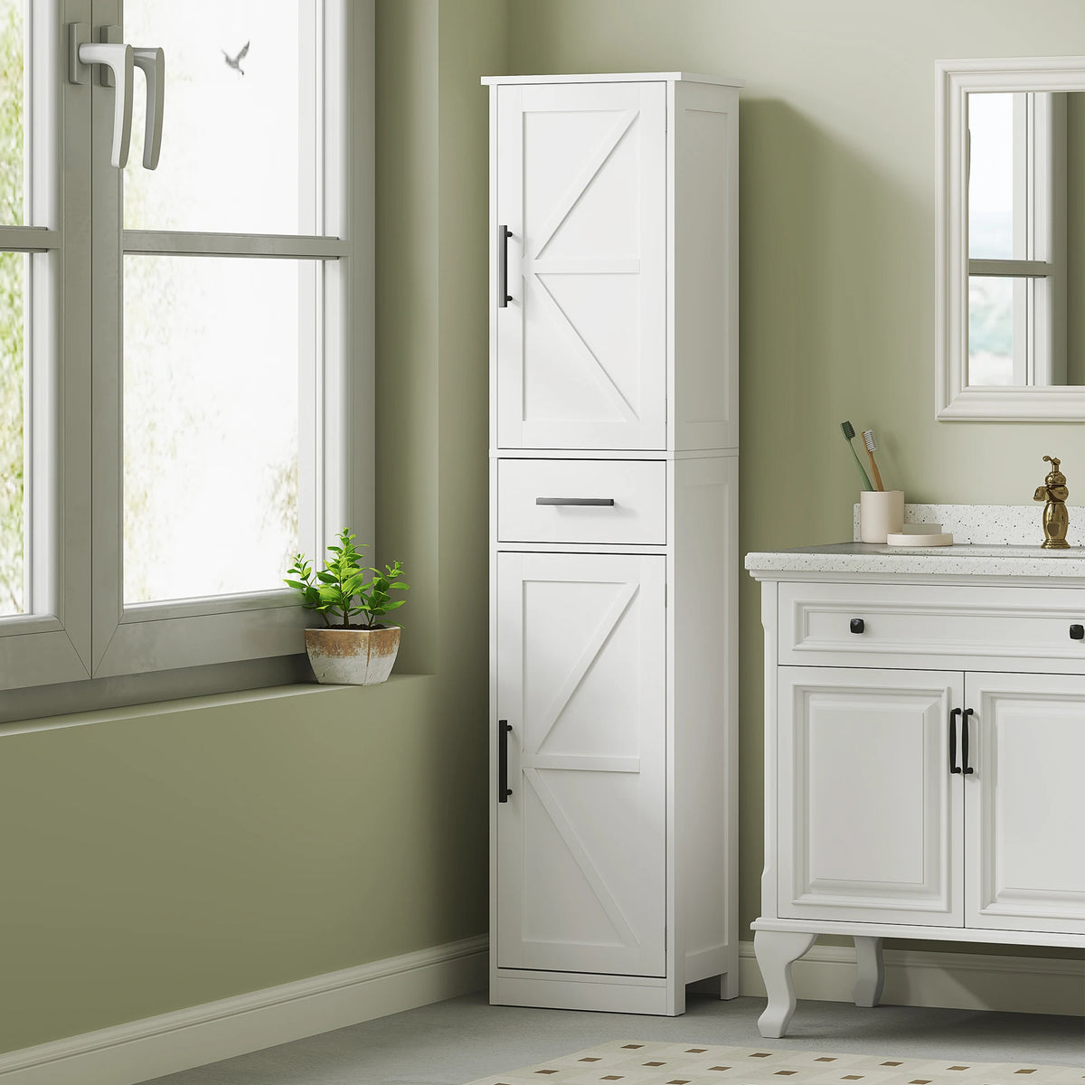 HOMCOM Farmhouse Narrow Bathroom Storage Cabinet With Drawer