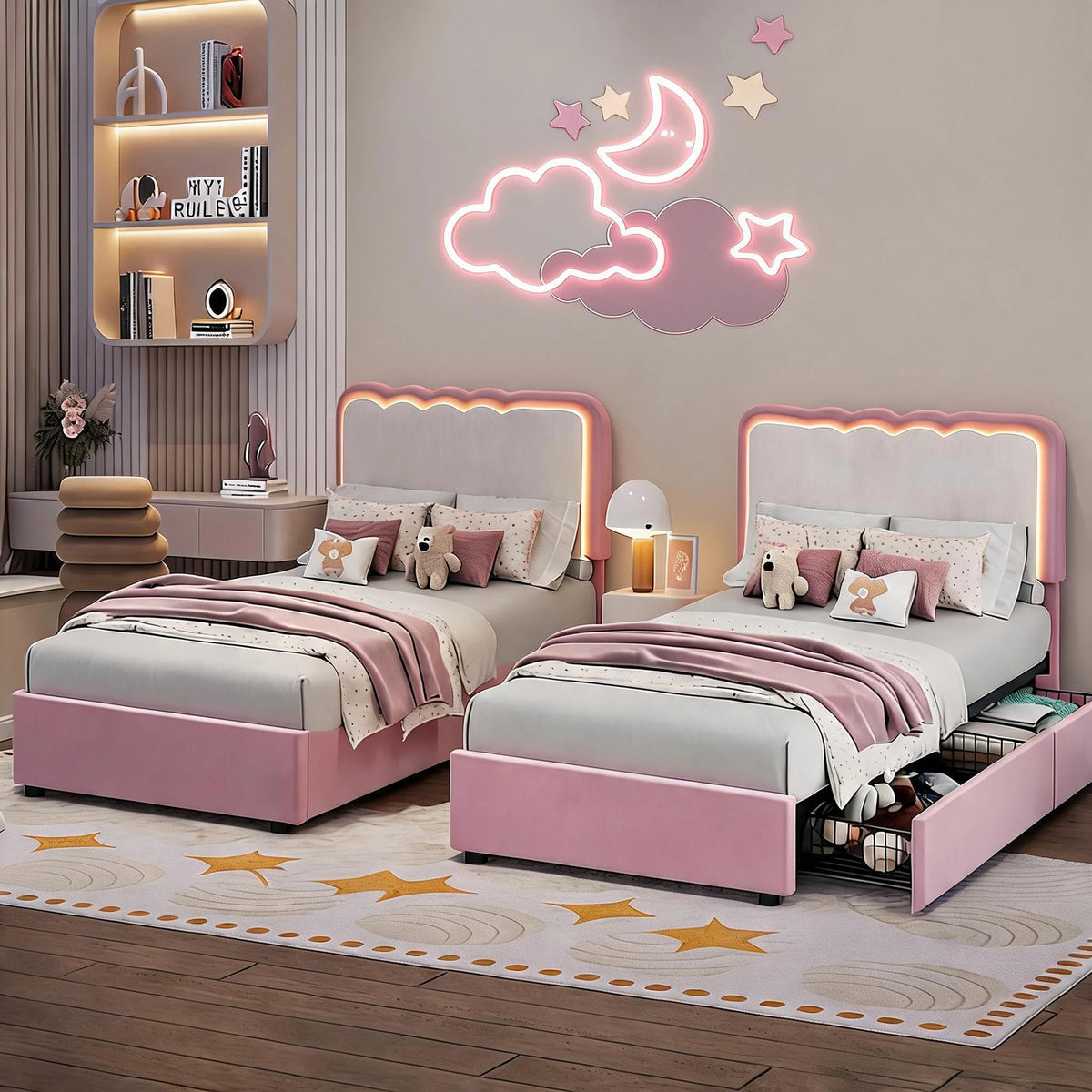 HiMISS Upholstered LED Bed Frame With Drawers And Velvet Headboard