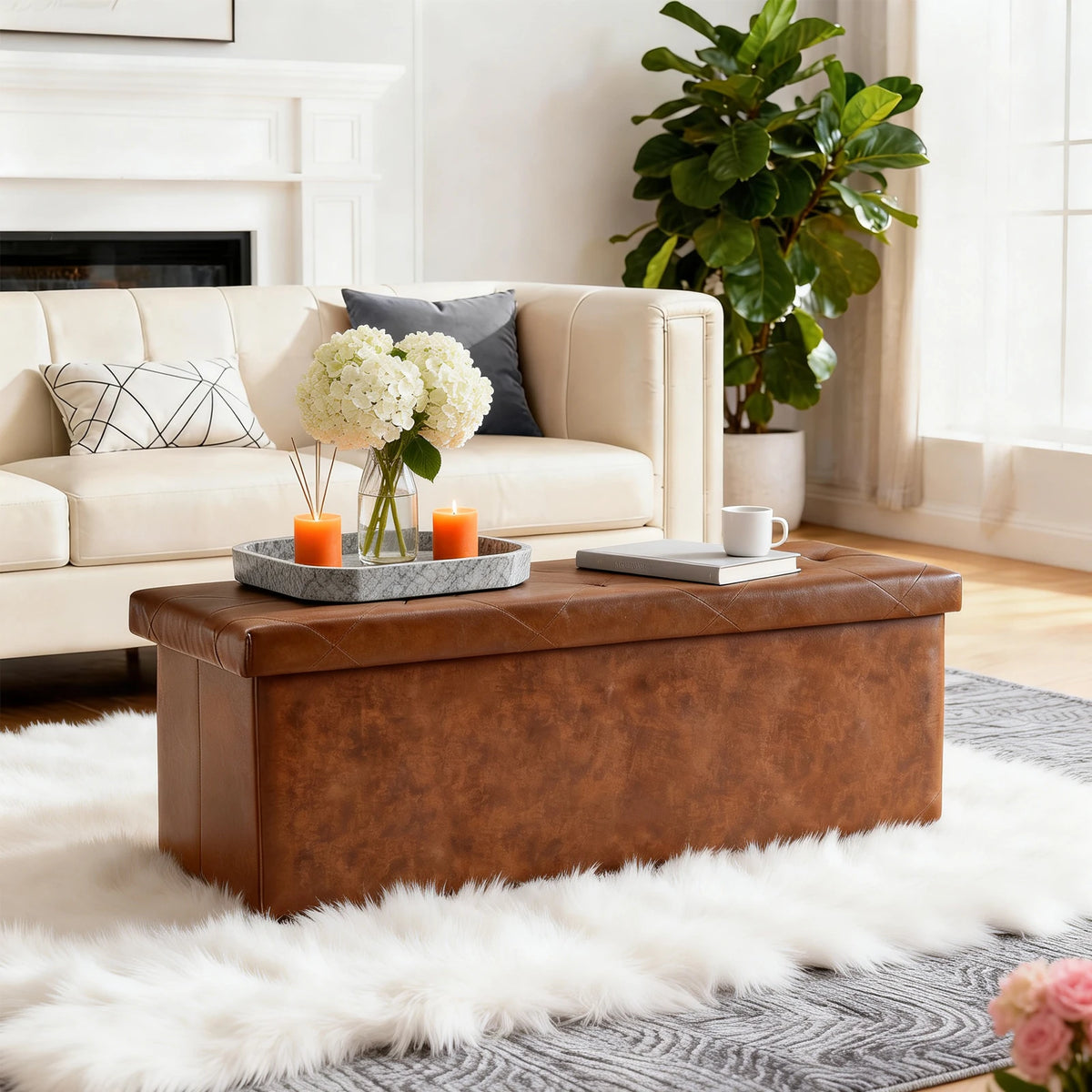 Sarenzoon Tufted Faux Leather Folding Storage Bench Ottoman
