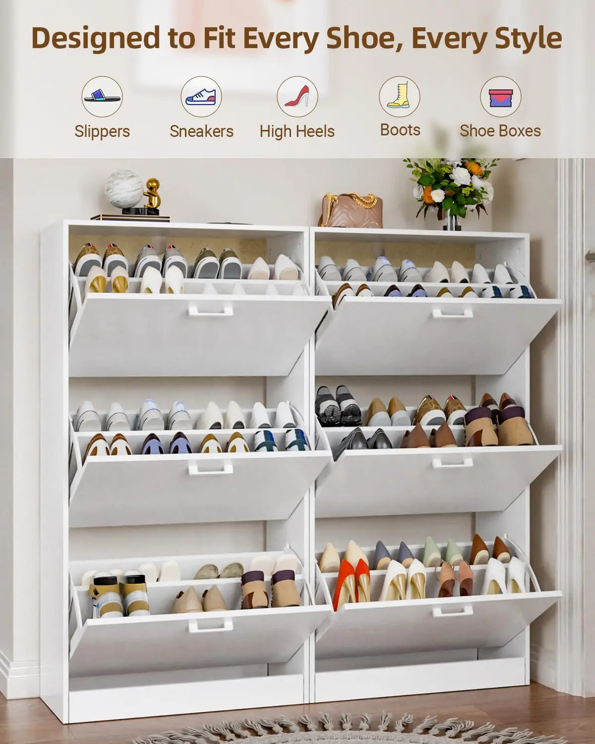 Freestanding Wooden Shoe Storage Cabinet With Flip Drawers