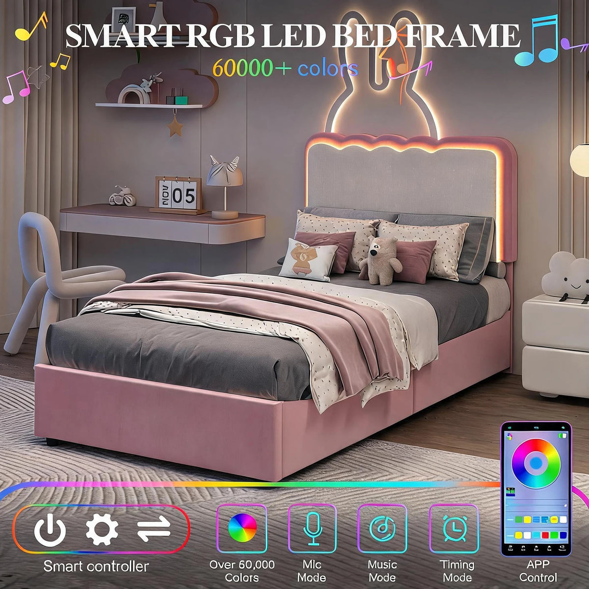 HiMISS Upholstered LED Bed Frame With Drawers And Velvet Headboard