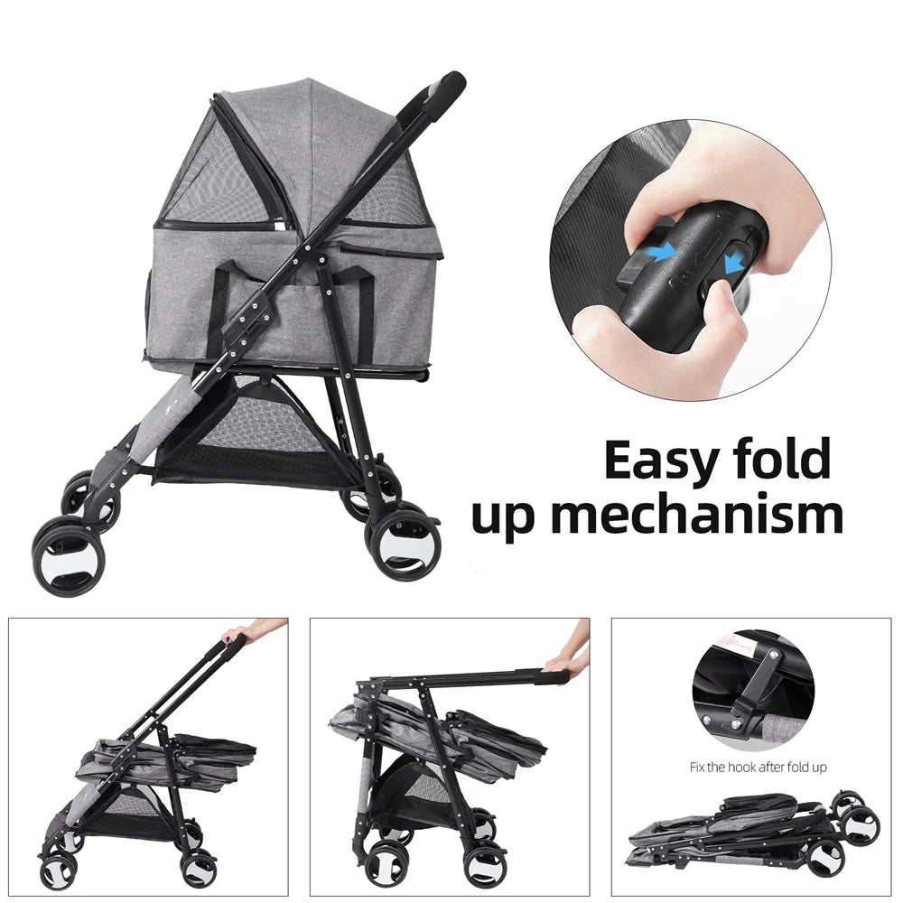 Foldable Pet Dog Stroller With 4 Wheels And Rain Cover