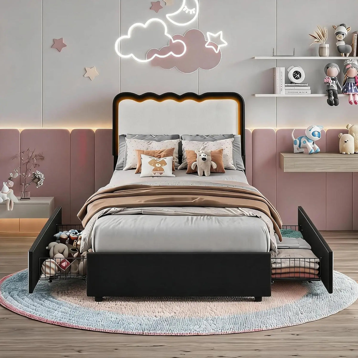 HiMISS Upholstered LED Bed Frame With Drawers And Velvet Headboard