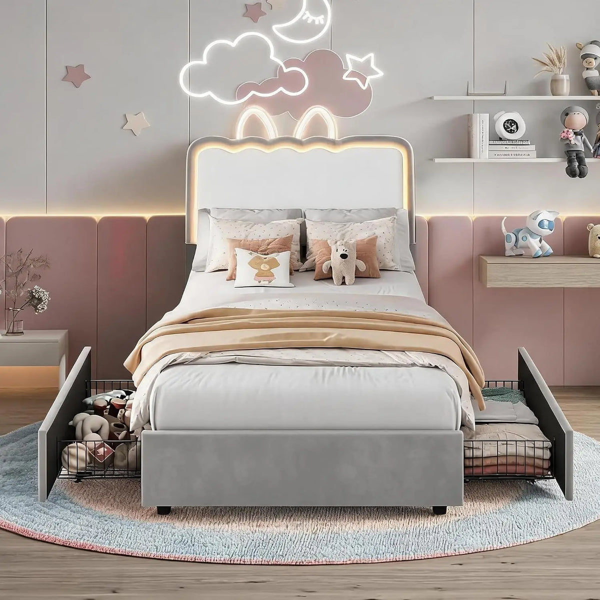 HiMISS Upholstered LED Bed Frame With Drawers And Velvet Headboard