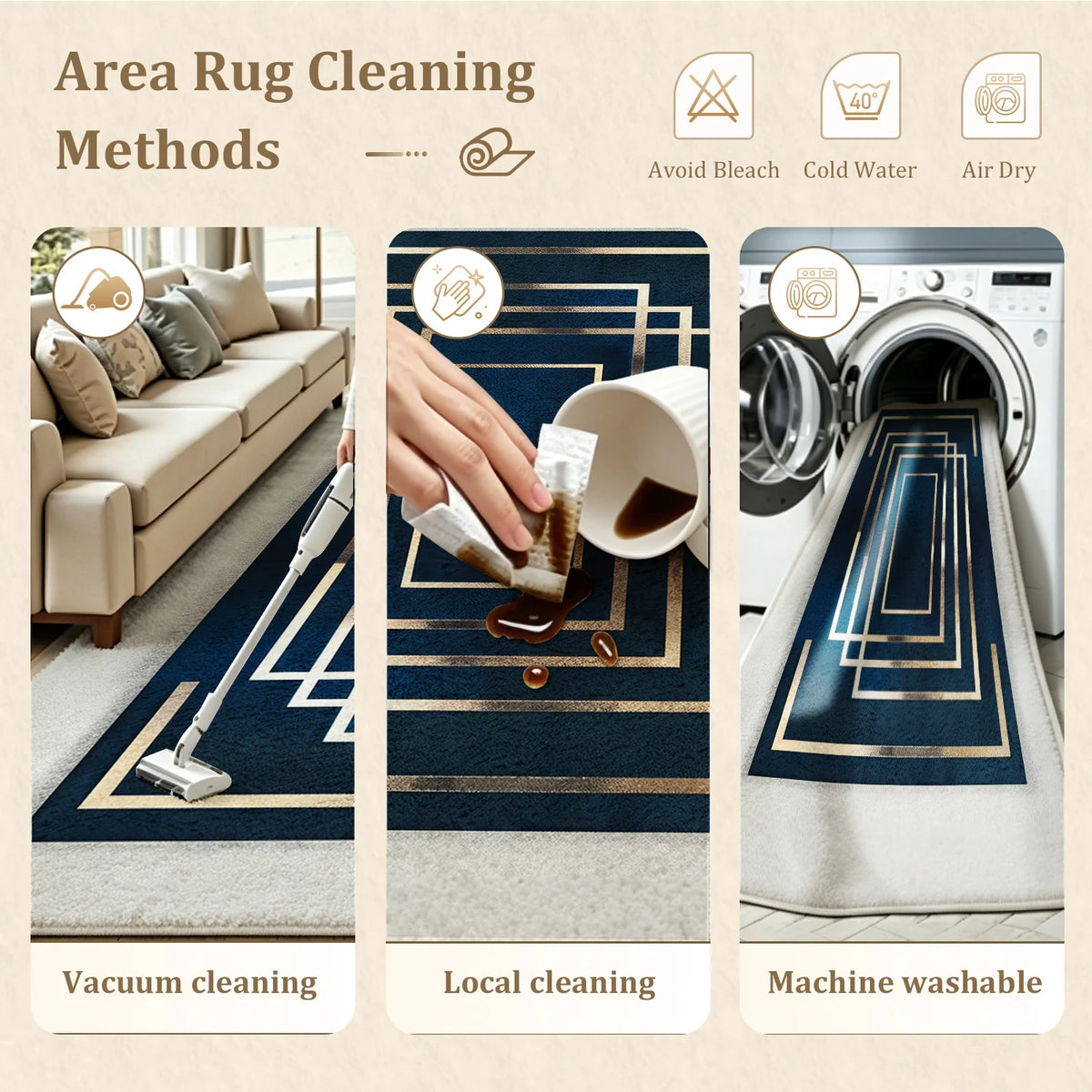 Velvet Geometric Area Rug With Non Slip Machine Washable Backing