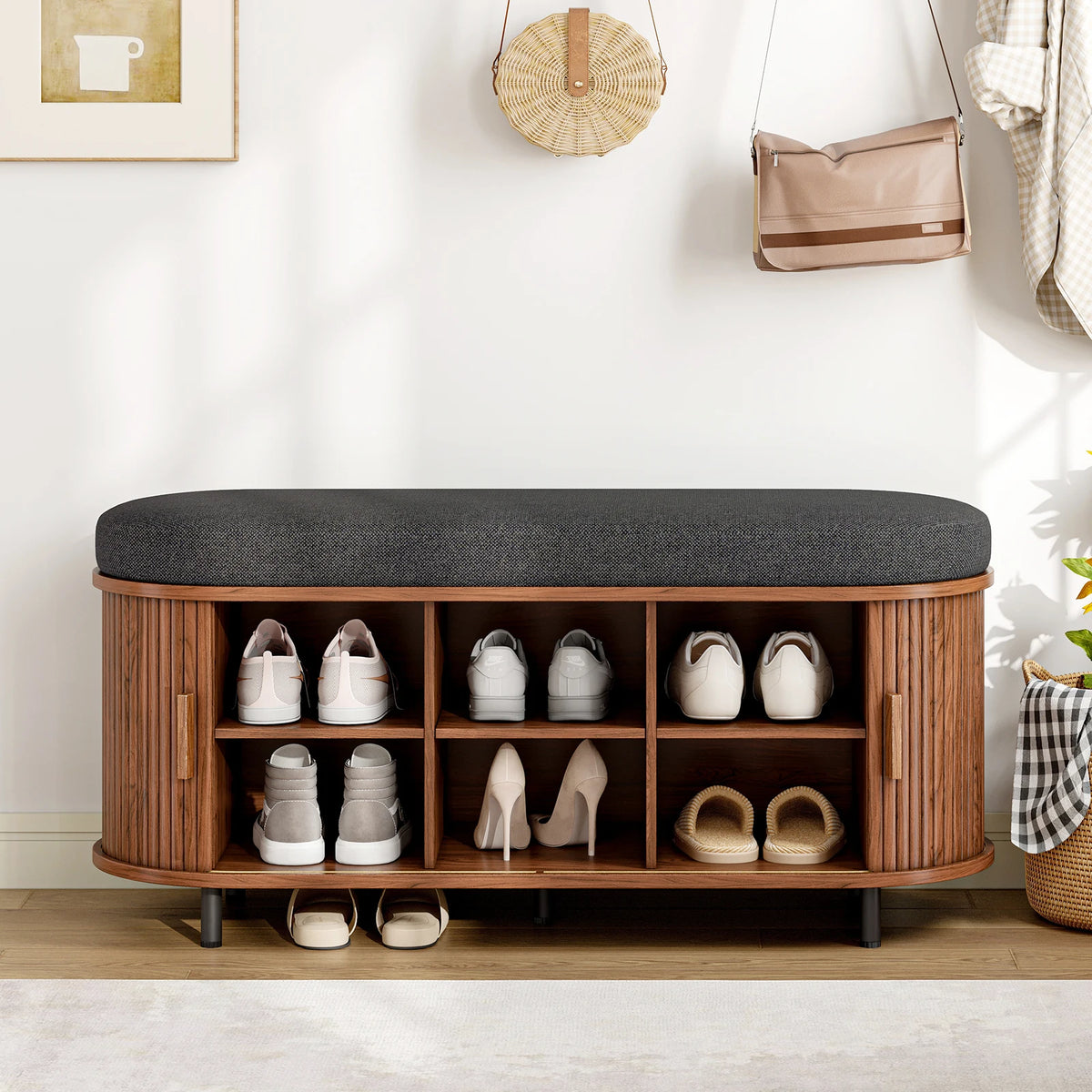 Wooden Three Tier Shoe Storage Bench With Cushioned Seat