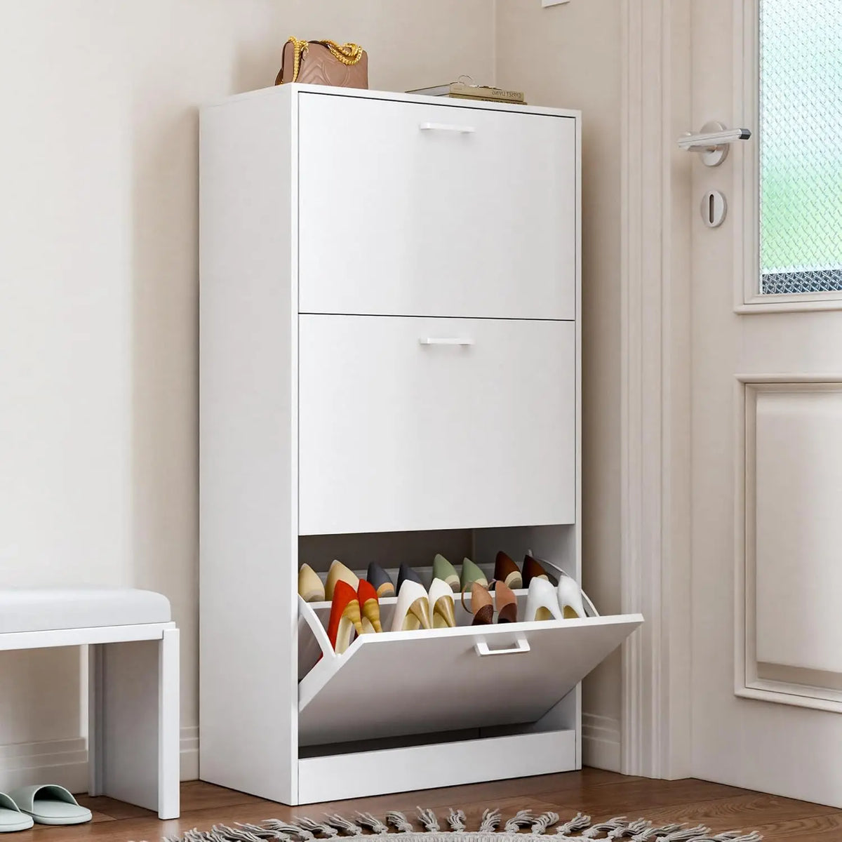 Freestanding Wooden Shoe Storage Cabinet With Flip Drawers