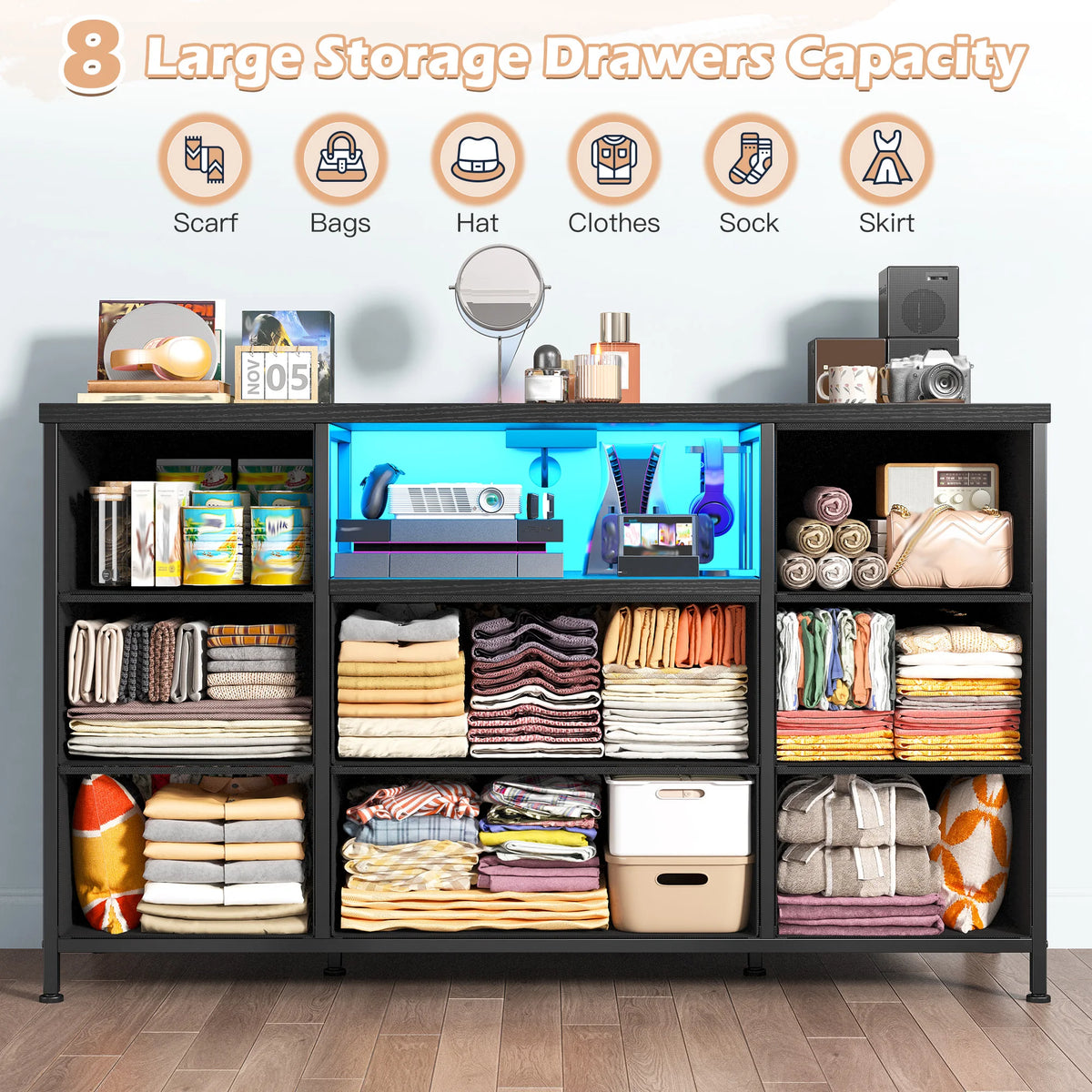 8 Drawer Media Dresser With LED Lighting And Charging Station