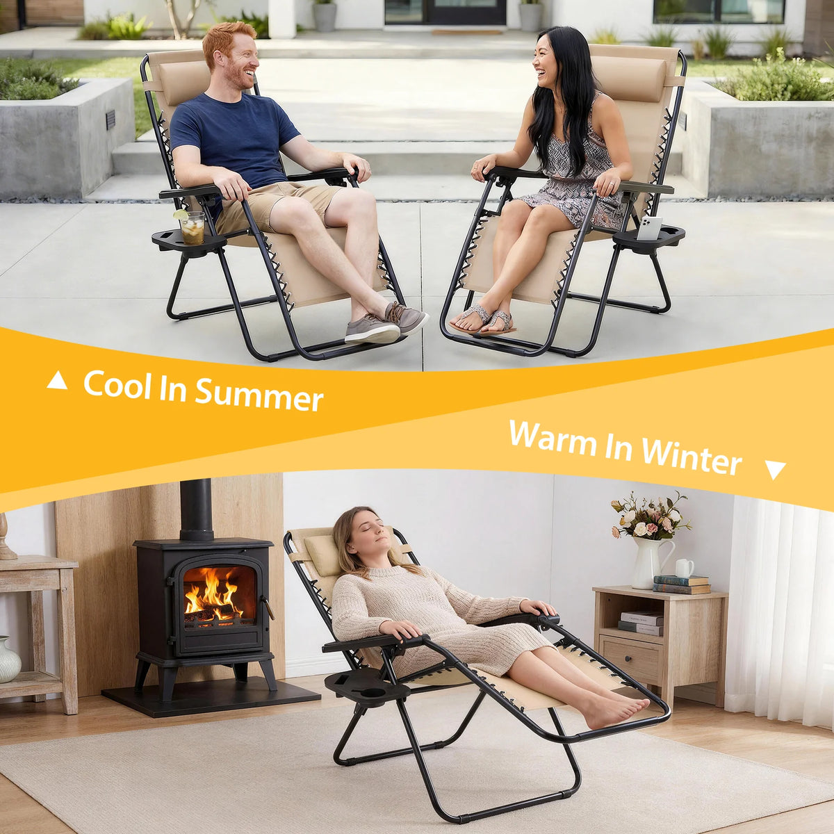 JHK Zero Gravity Recliner Set 2 Outdoor Lounge Cup Holder