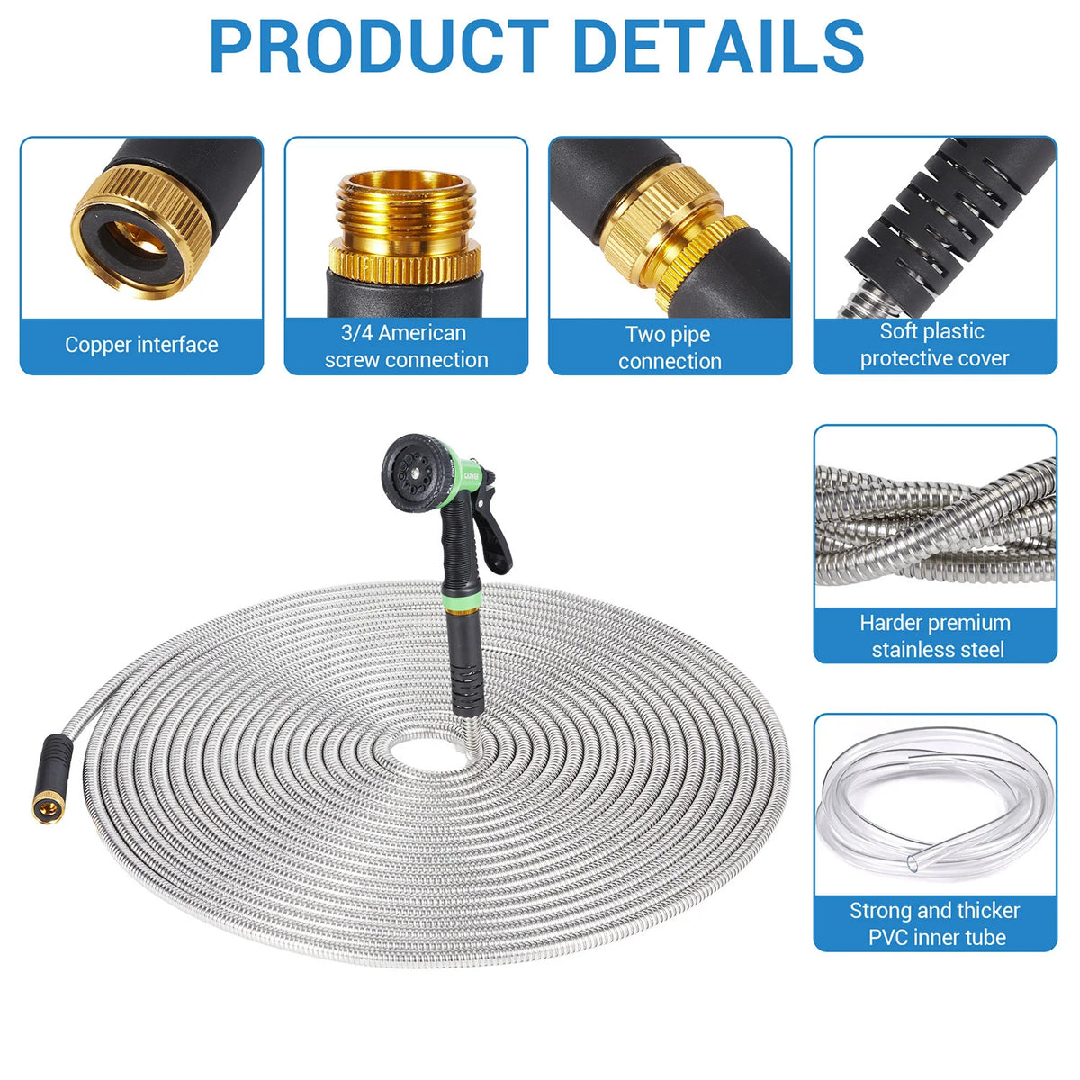 HiMISS No Kink Stainless Steel Garden Hose With Brass Connector