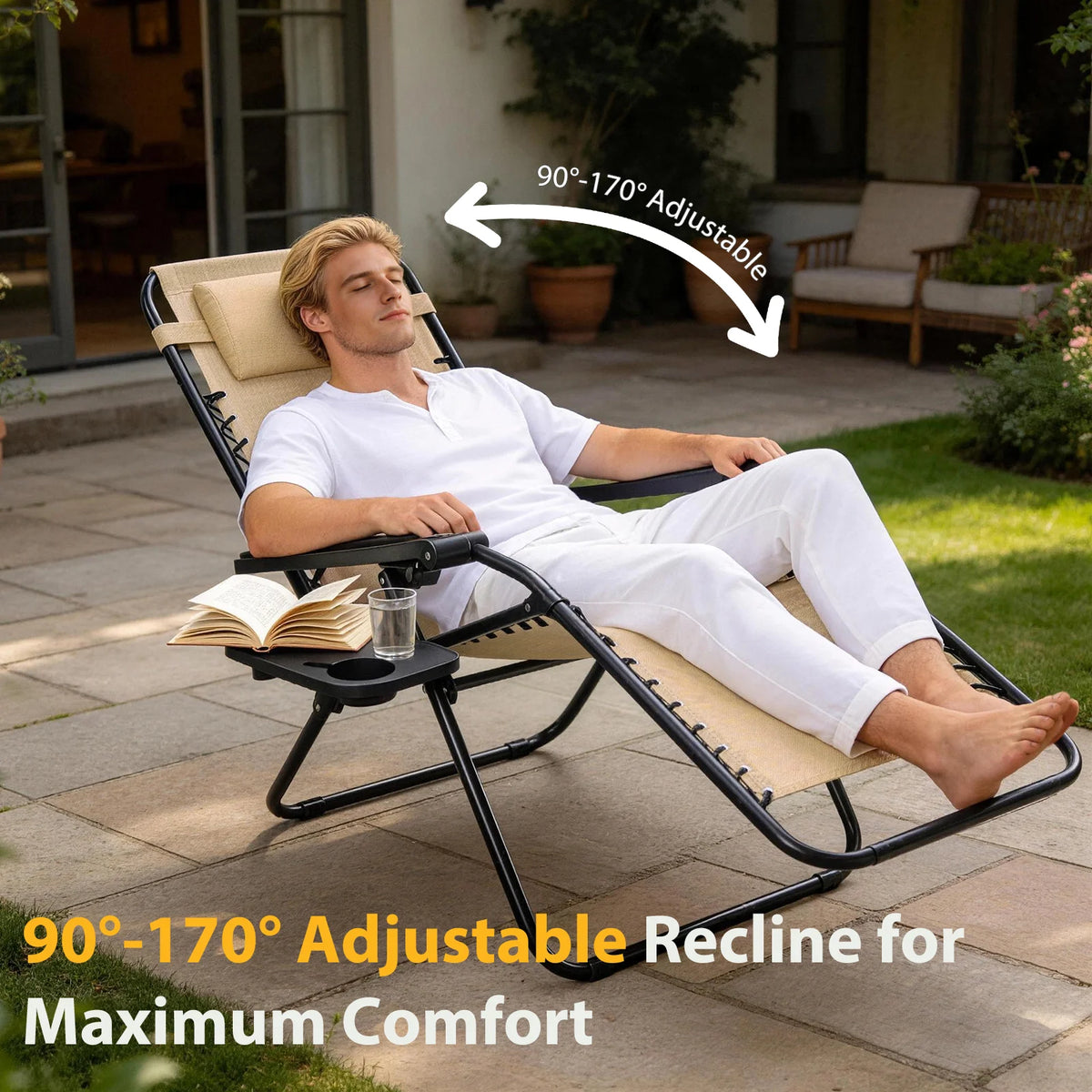 JHK Zero Gravity Recliner Set 2 Outdoor Lounge Cup Holder