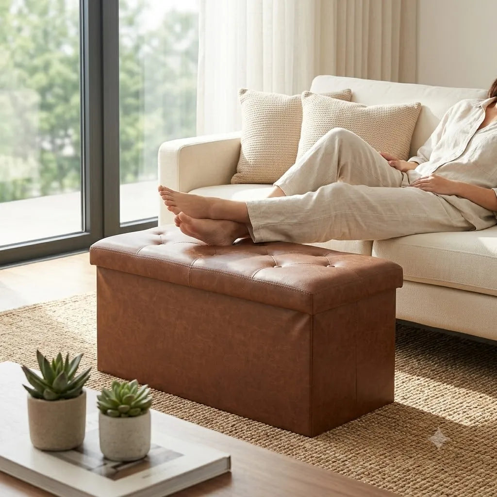 Tufted PU Leather Storage Ottoman Bench With Hidden Compartment