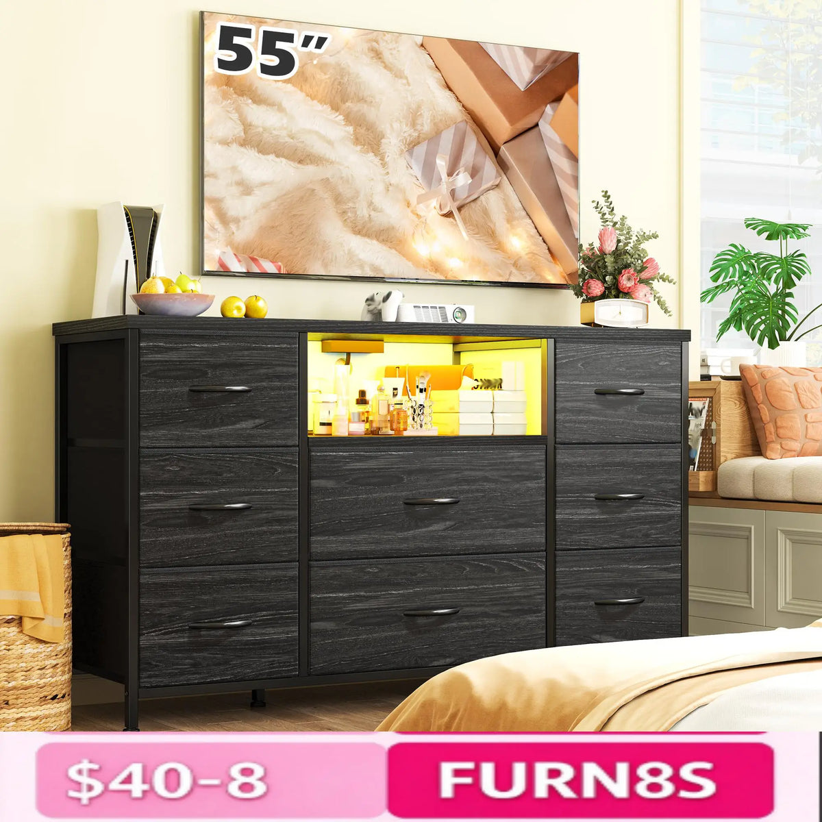 8 Drawer Media Dresser With LED Lighting And Charging Station