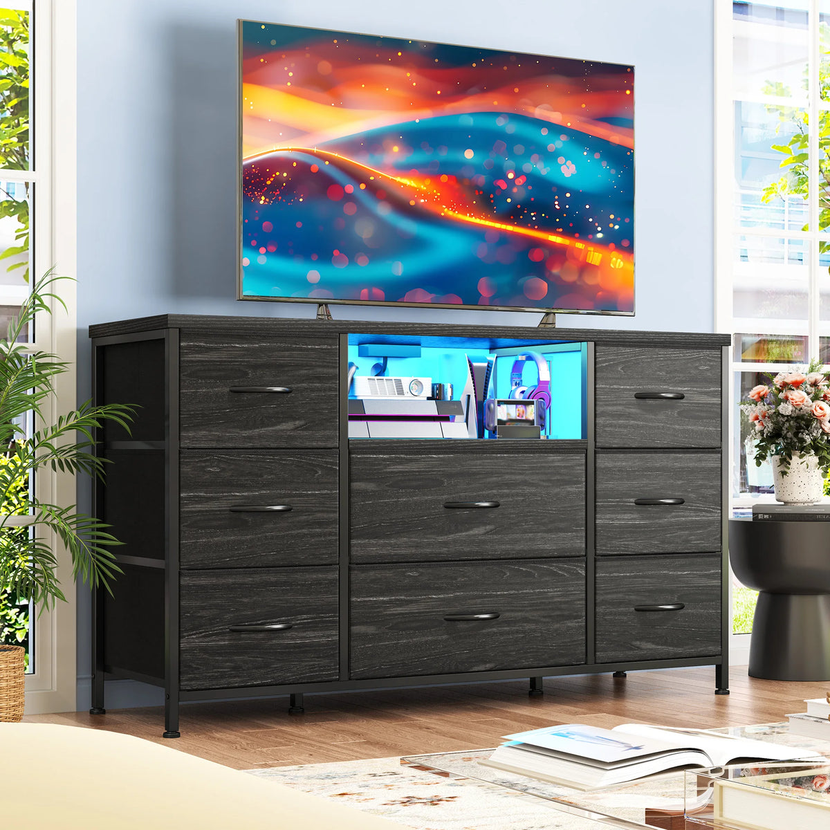 8 Drawer Media Dresser With LED Lighting And Charging Station
