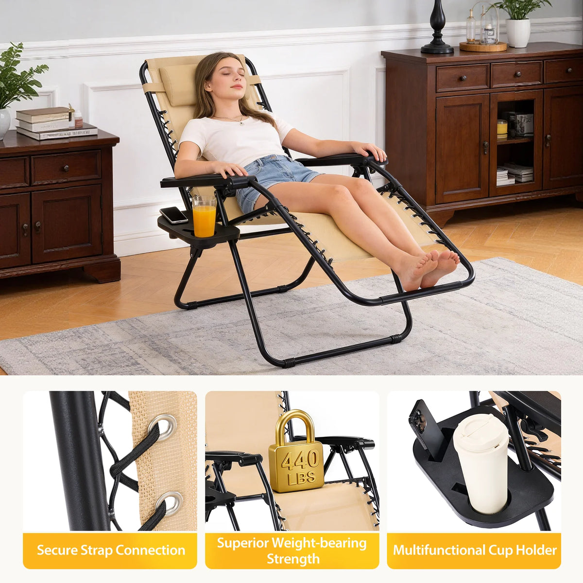 JHK Zero Gravity Recliner Set 2 Outdoor Lounge Cup Holder