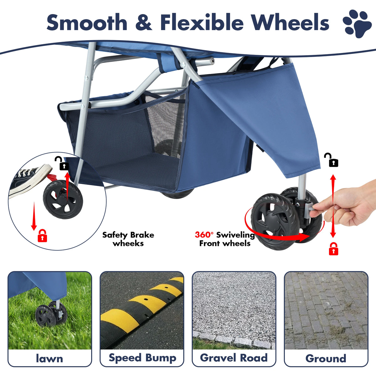 Dumos Foldable 3 Wheel Pet Stroller With Mesh Window Basket