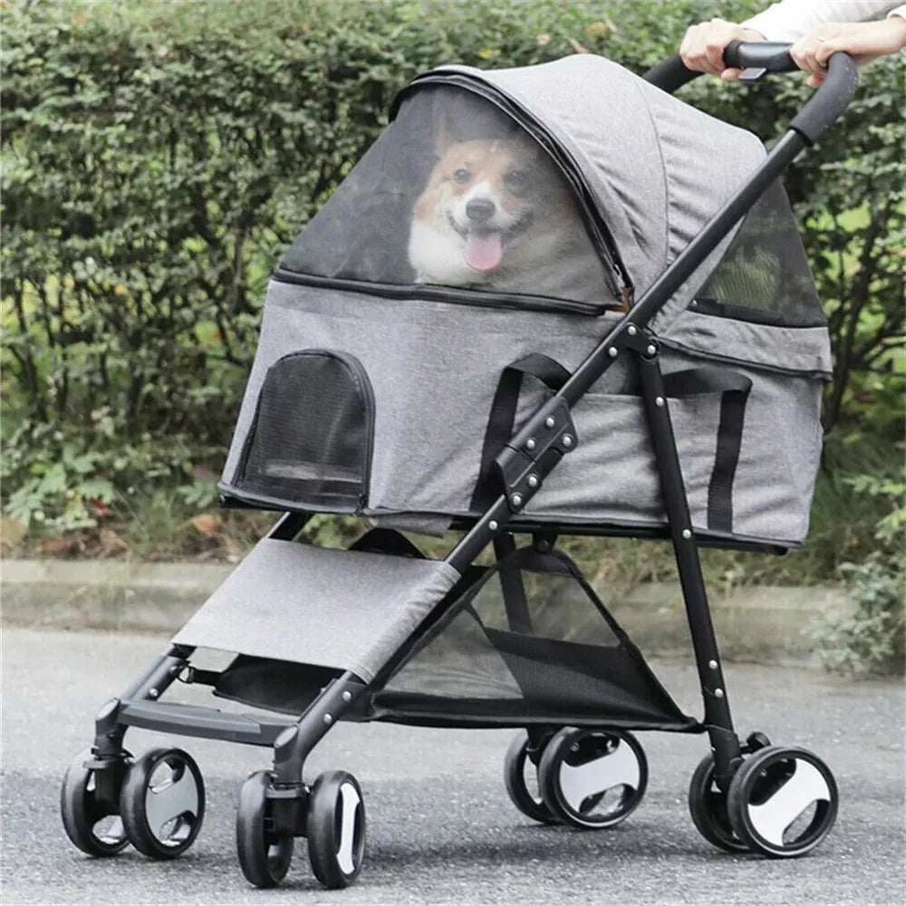 Foldable Pet Dog Stroller With 4 Wheels And Rain Cover