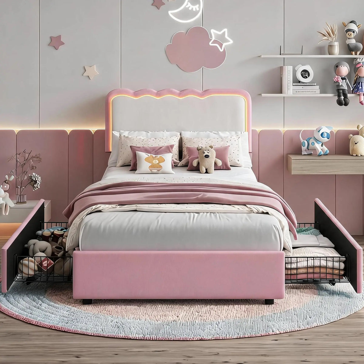 HiMISS Upholstered LED Bed Frame With Drawers And Velvet Headboard