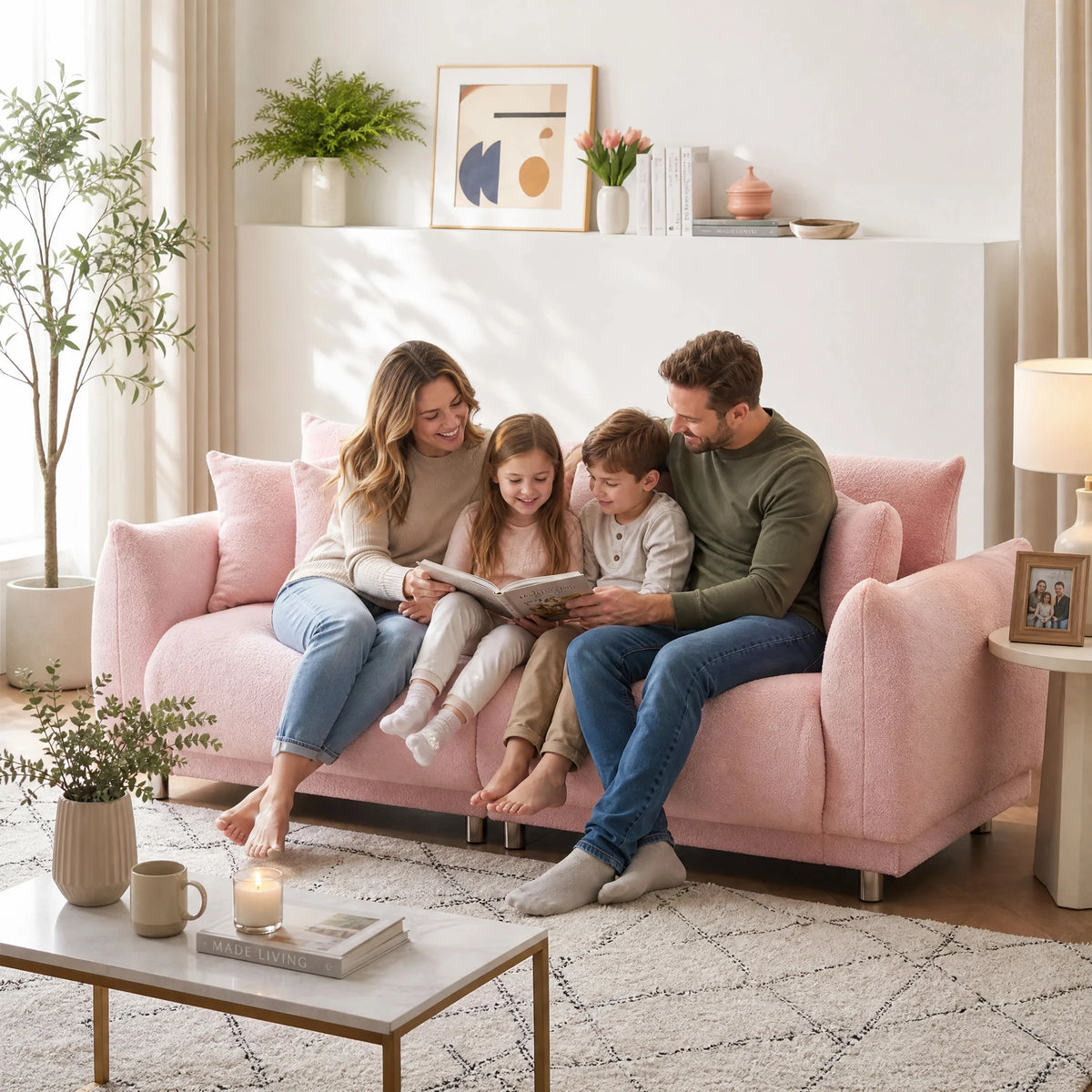 Modern Teddy Fleece Loveseat With Four Plush Throw Pillows