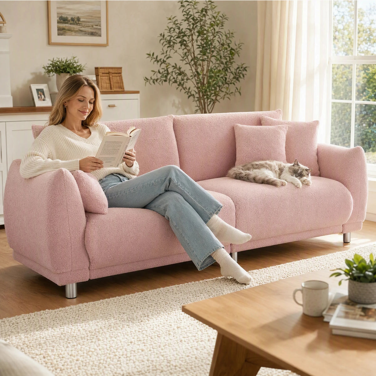 Modern Teddy Fleece Loveseat With Four Plush Throw Pillows