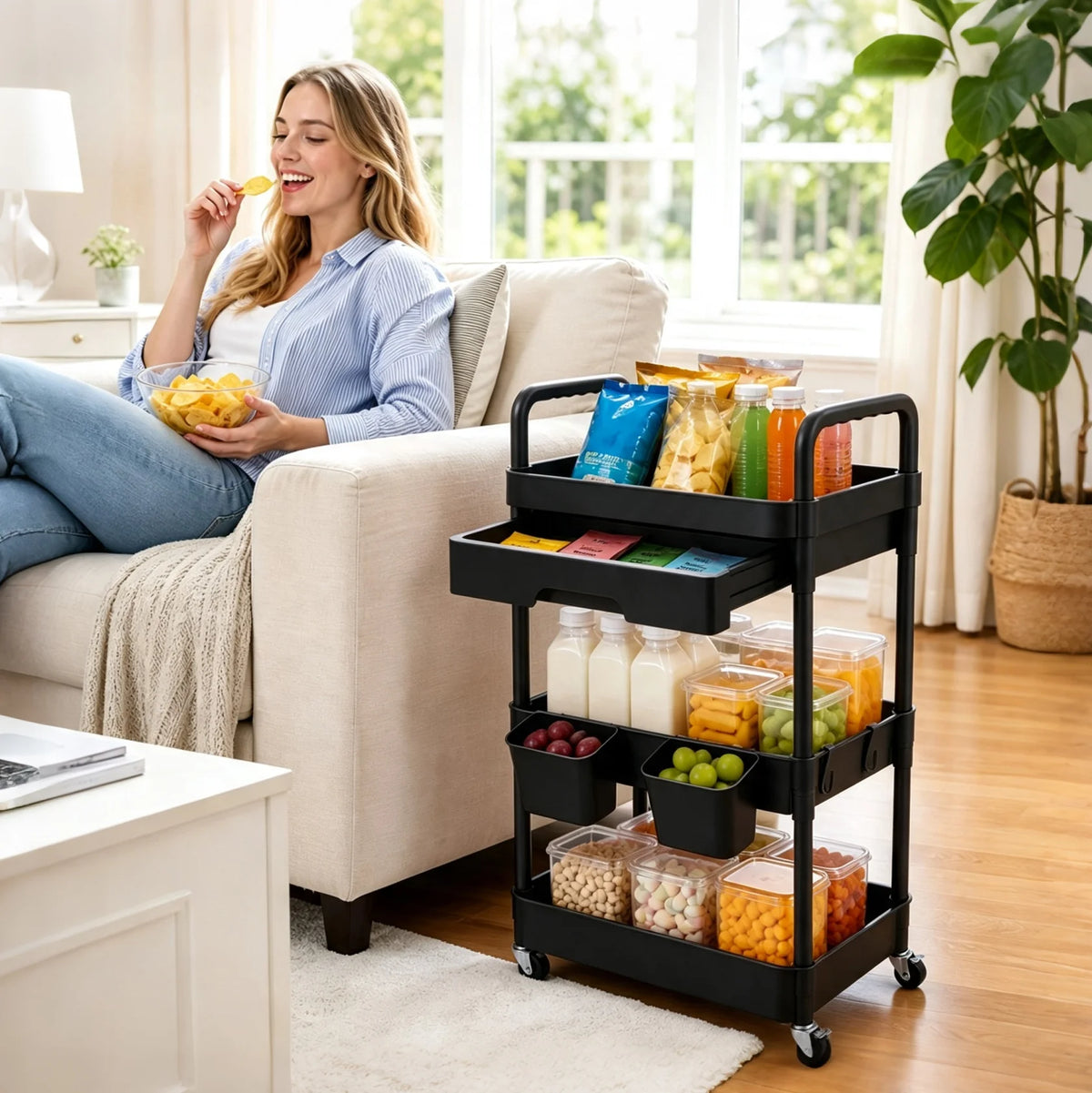 Multifunctional Rolling Storage Cart With Drawer And Lockable Wheels