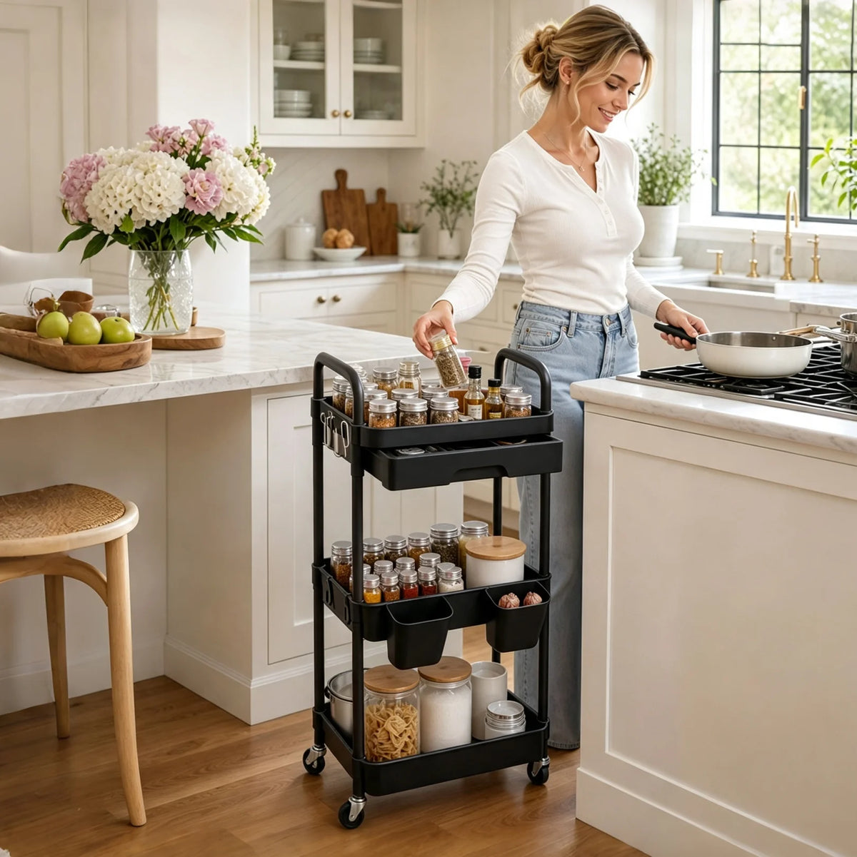 Multifunctional Rolling Storage Cart With Drawer And Lockable Wheels