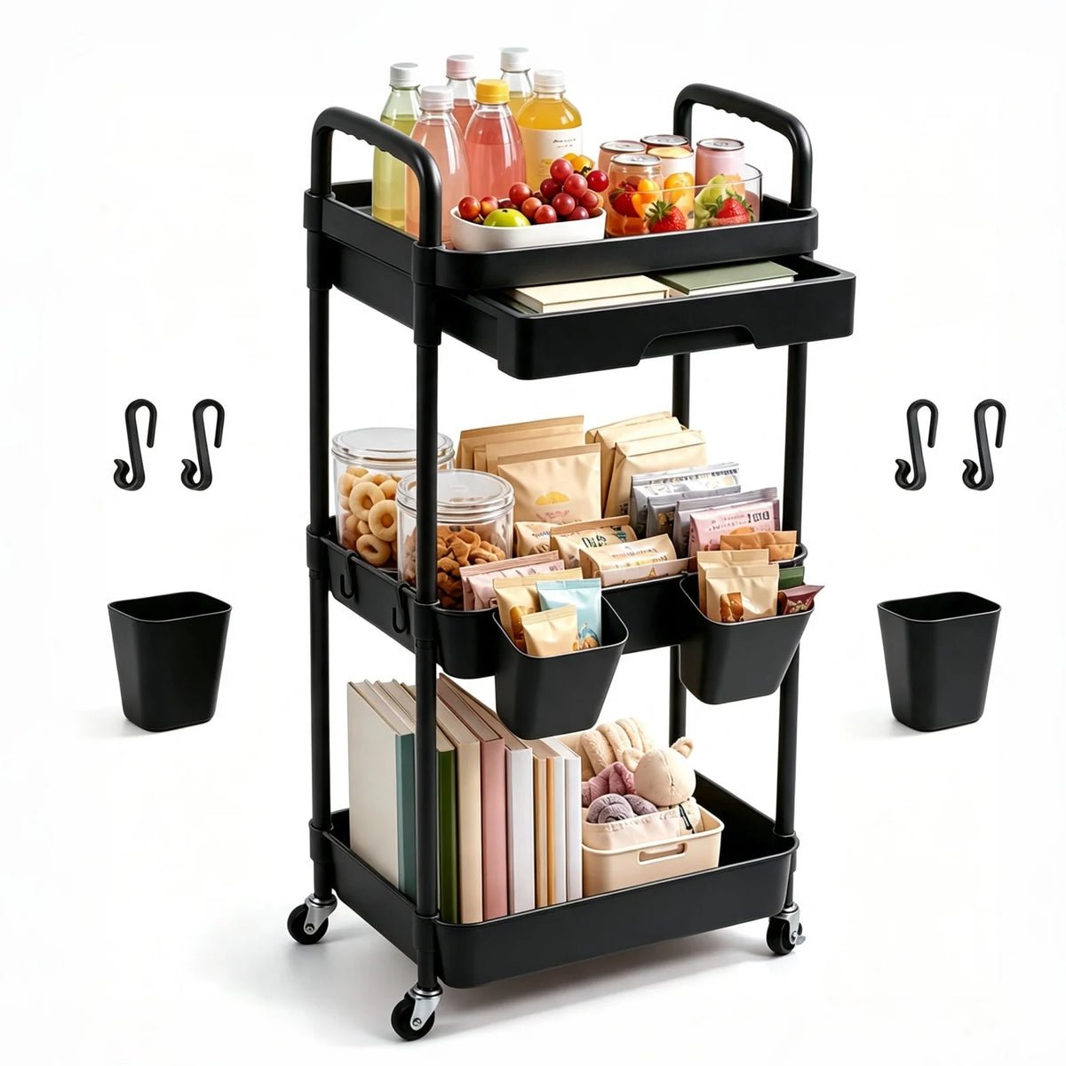 Multifunctional Rolling Storage Cart With Drawer And Lockable Wheels