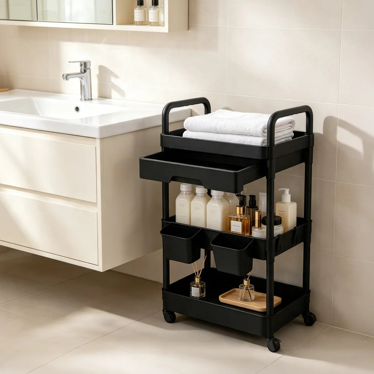 Multifunctional Rolling Storage Cart With Drawer And Lockable Wheels