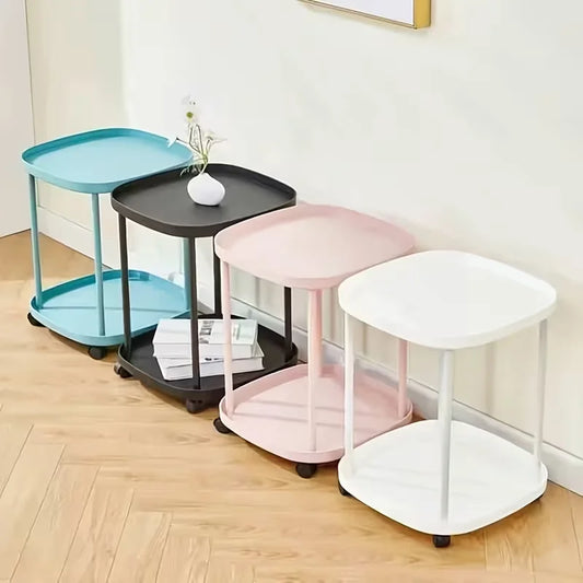 Multifunctional Two Tier Round Plastic Side Table With Lockable Wheels