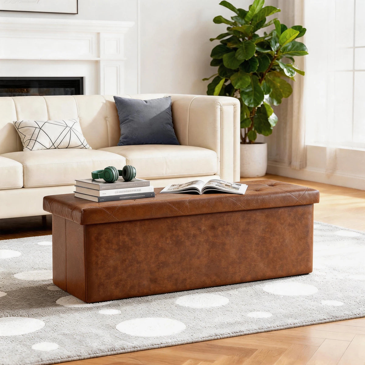 Sarenzoon Tufted Faux Leather Folding Storage Bench Ottoman